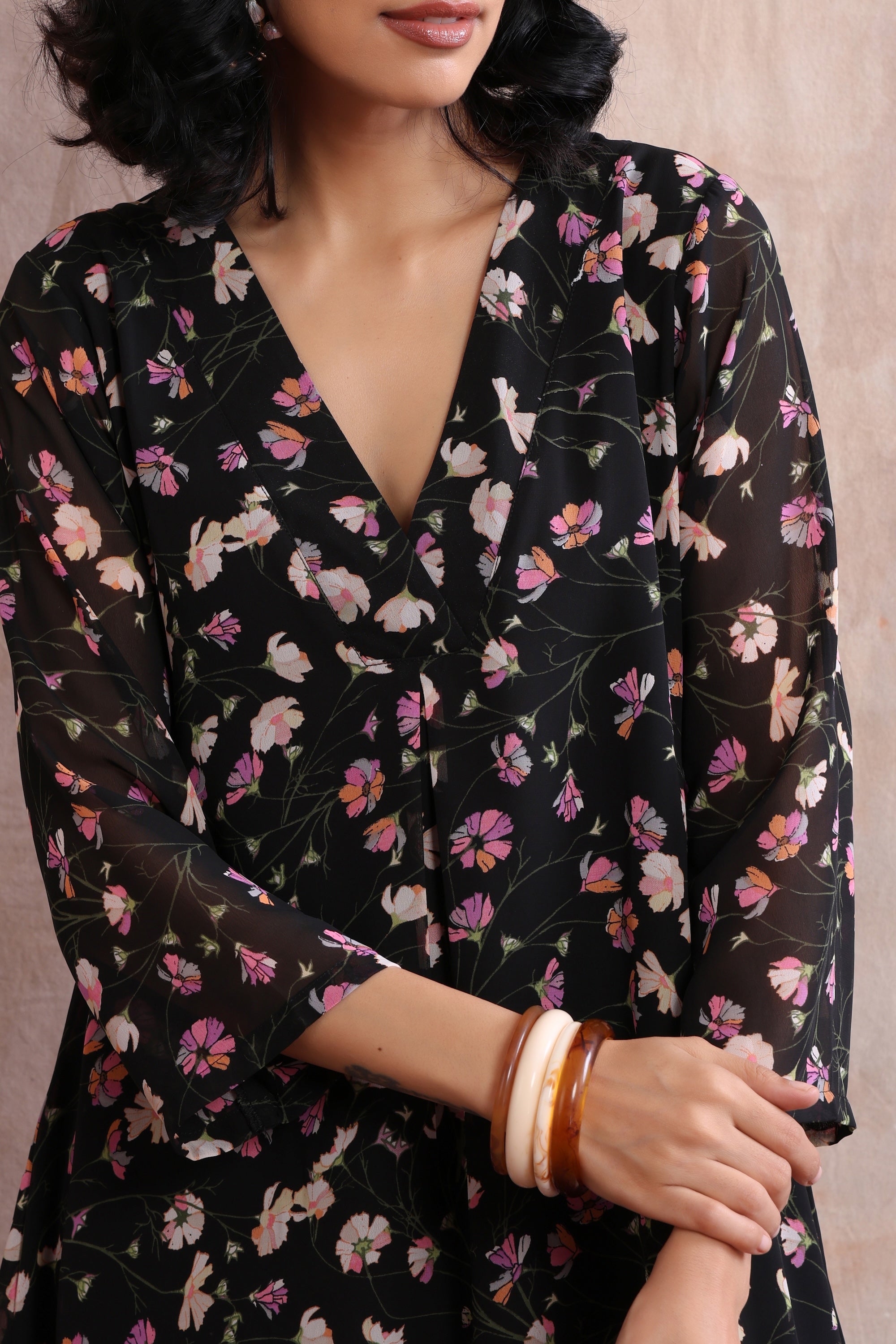Nisha Black Floral Printed Kurta Dress