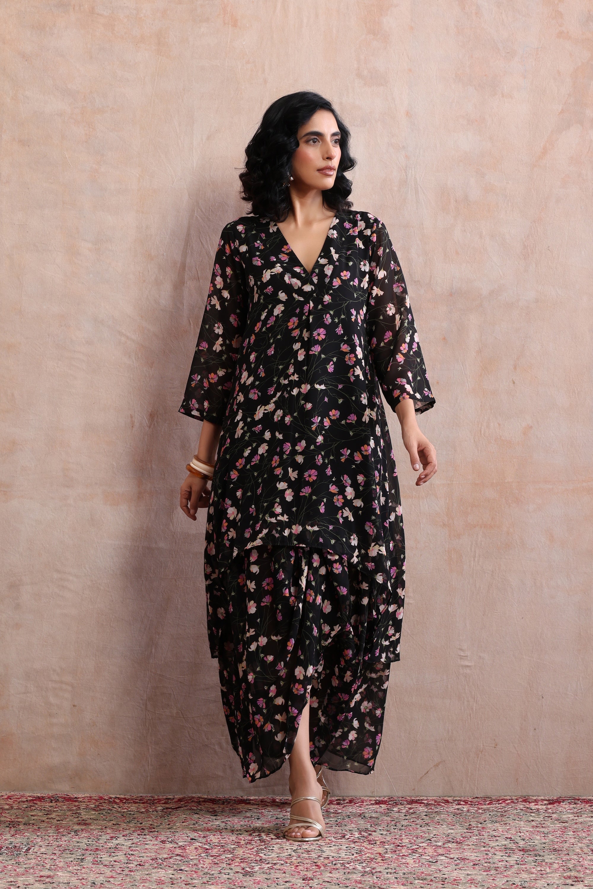 Nisha Black Floral Printed Kurta Dress