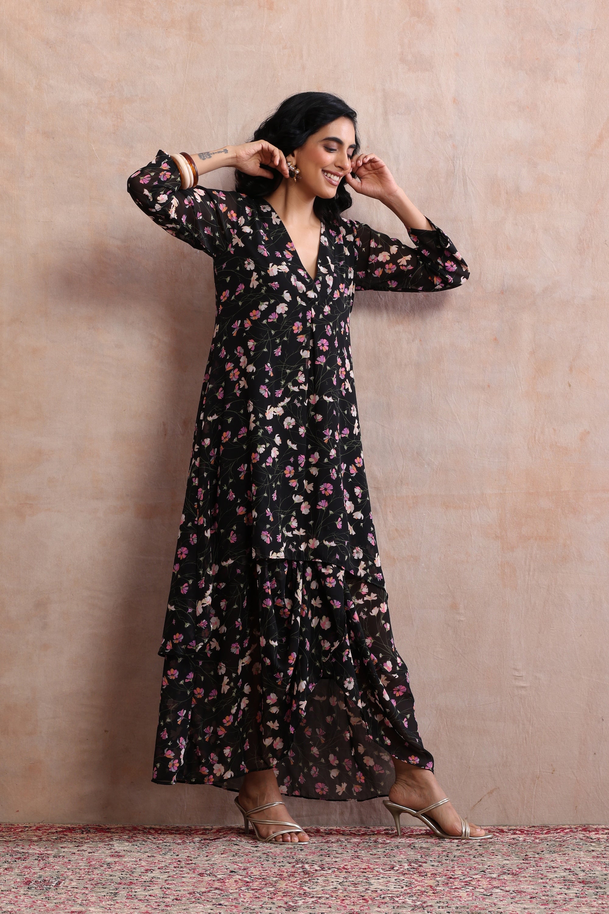 Nisha Black Floral Printed Kurta Dress