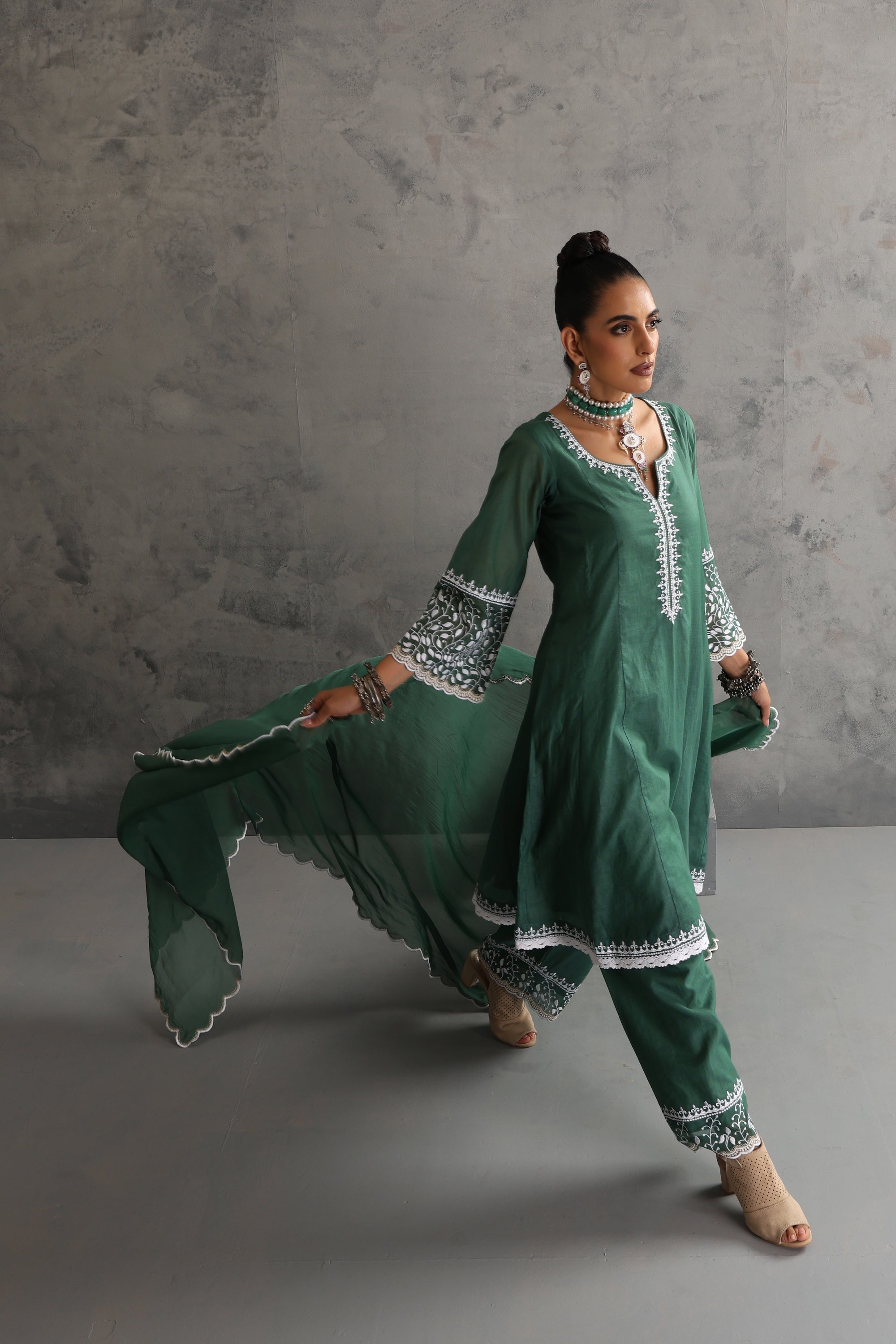 Indali Deep Green Embroidered Kurta Set with Dupatta