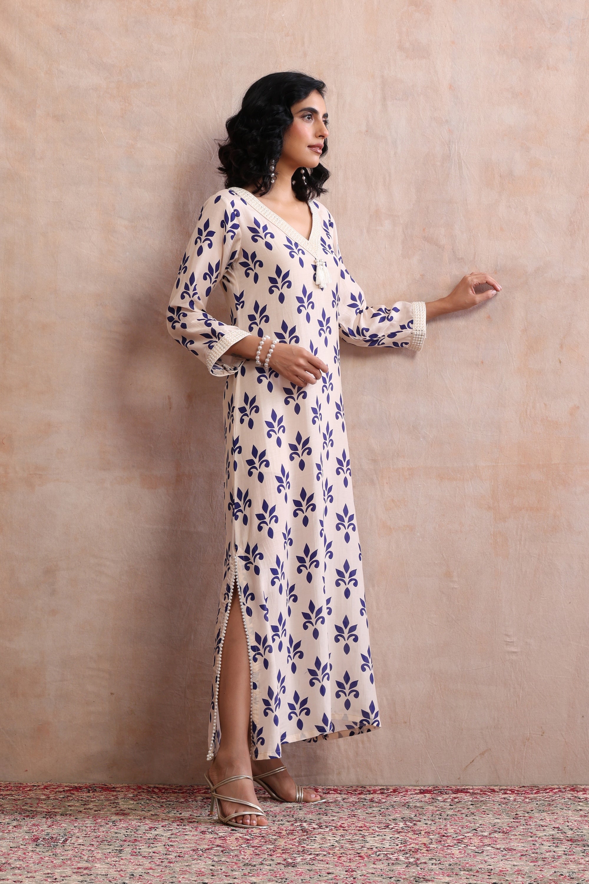 Mira Beige and Blue Floral Printed Kaftan