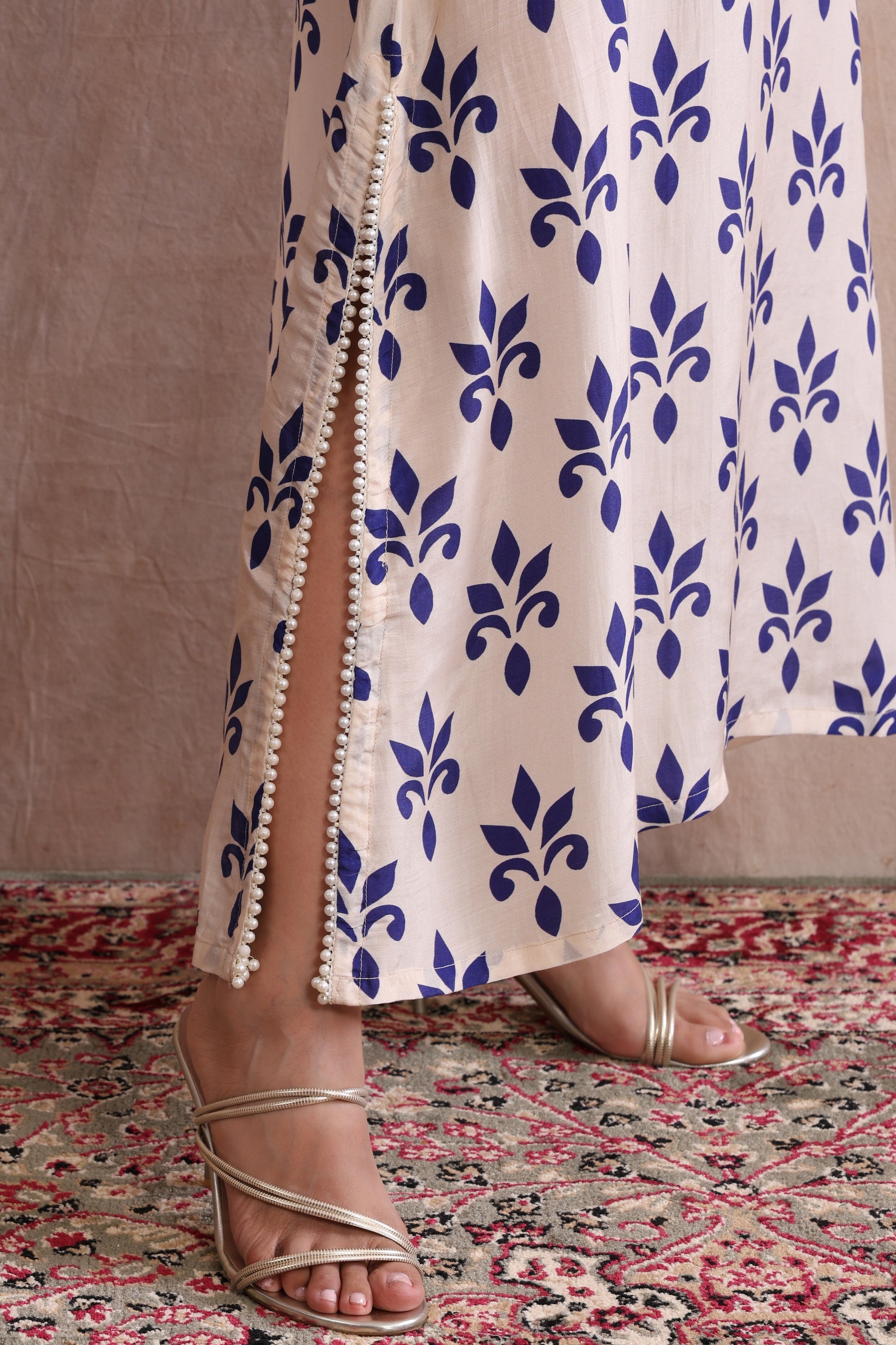 Mira Beige and Blue Floral Printed Kaftan