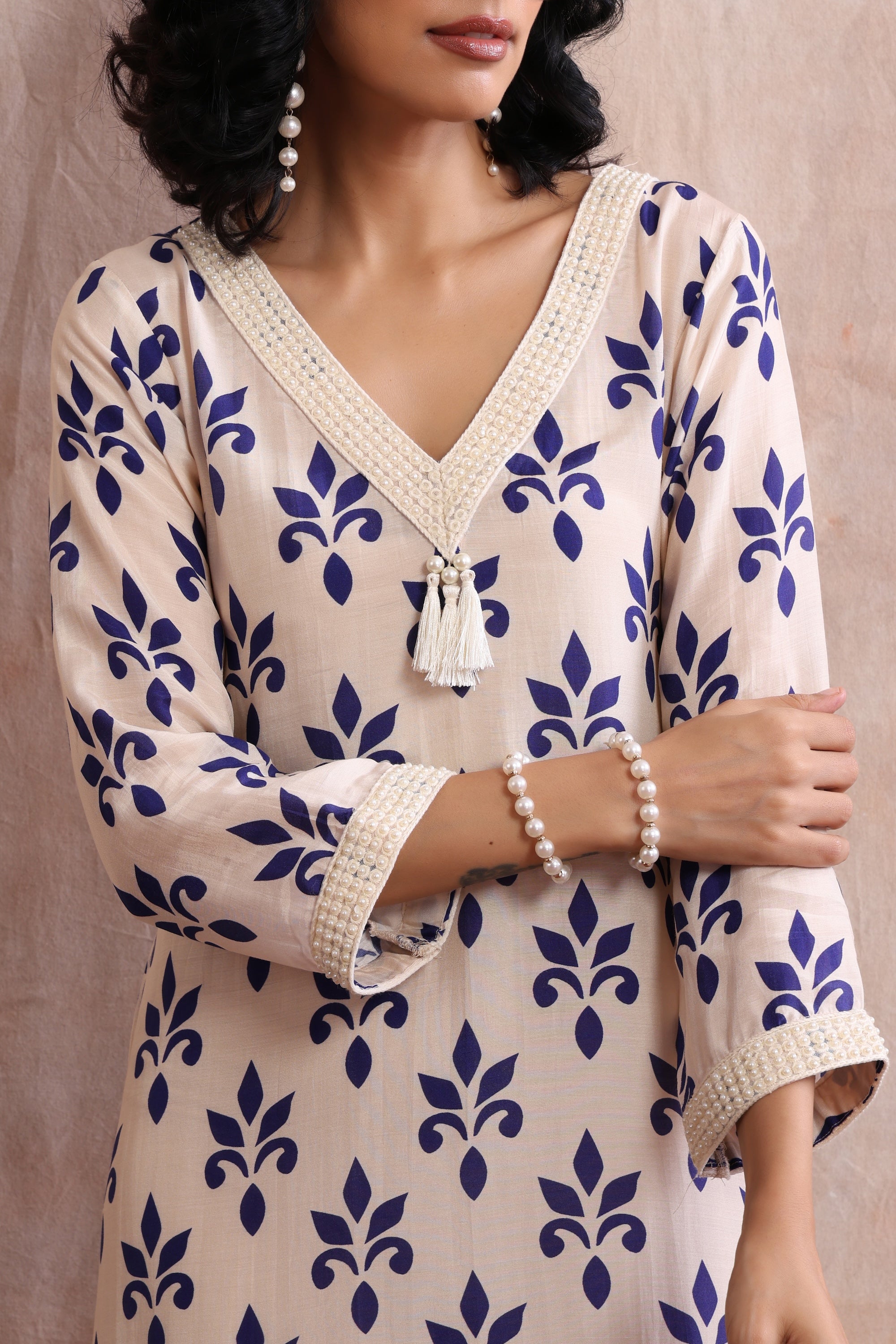 Mira Beige and Blue Floral Printed Kaftan