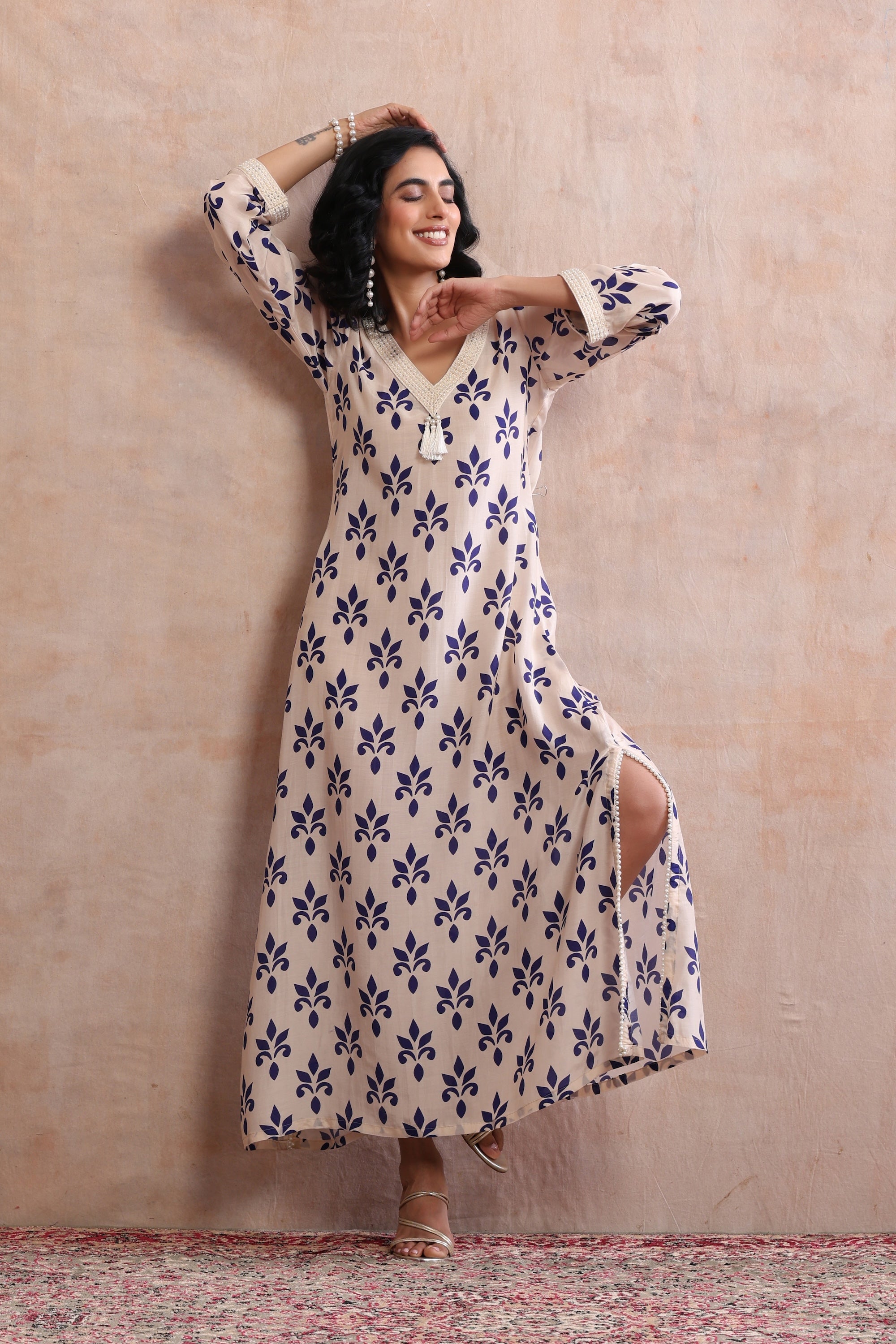 Mira Beige and Blue Floral Printed Kaftan