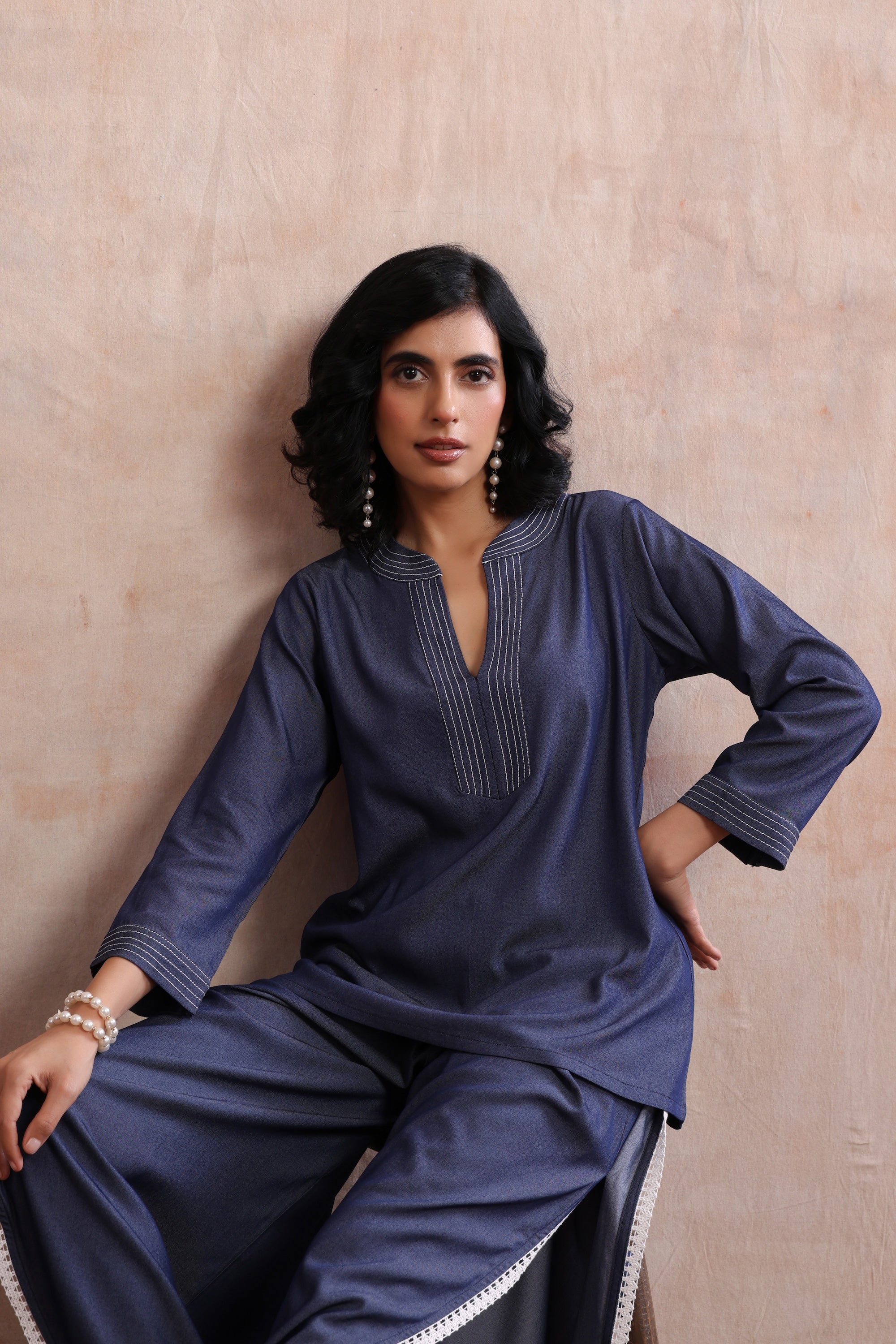 Seren Blue Denim Embroidered Co-ord Set