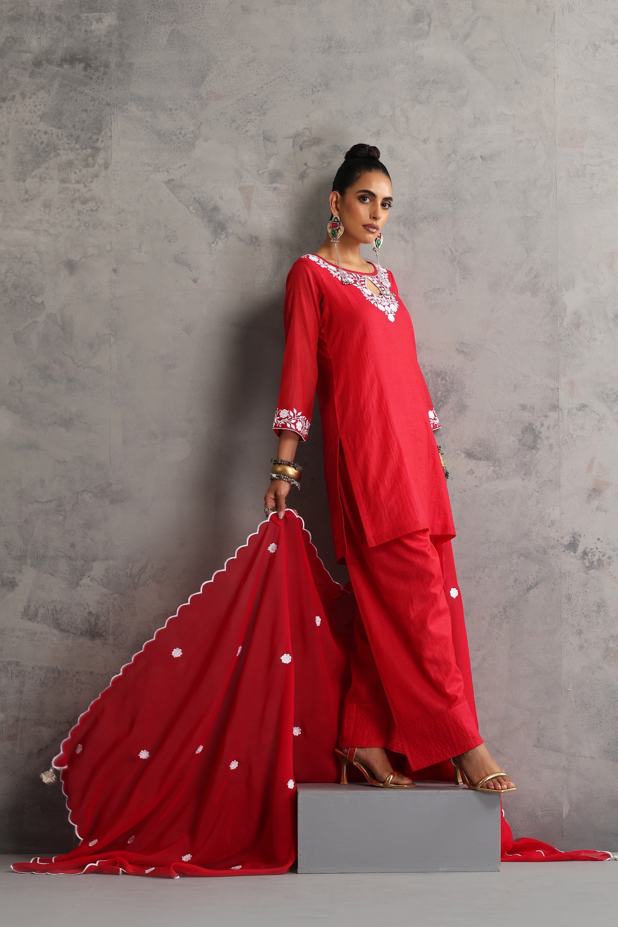 Misri Red Embroidered Kurta Set with Dupatta