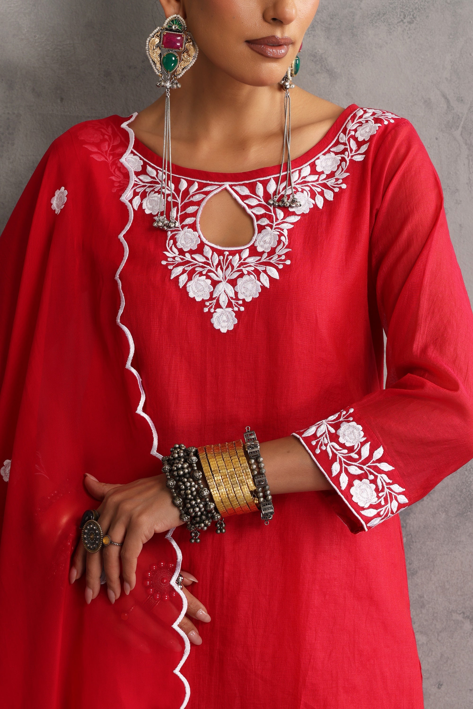 Misri Red Embroidered Kurta Set with Dupatta