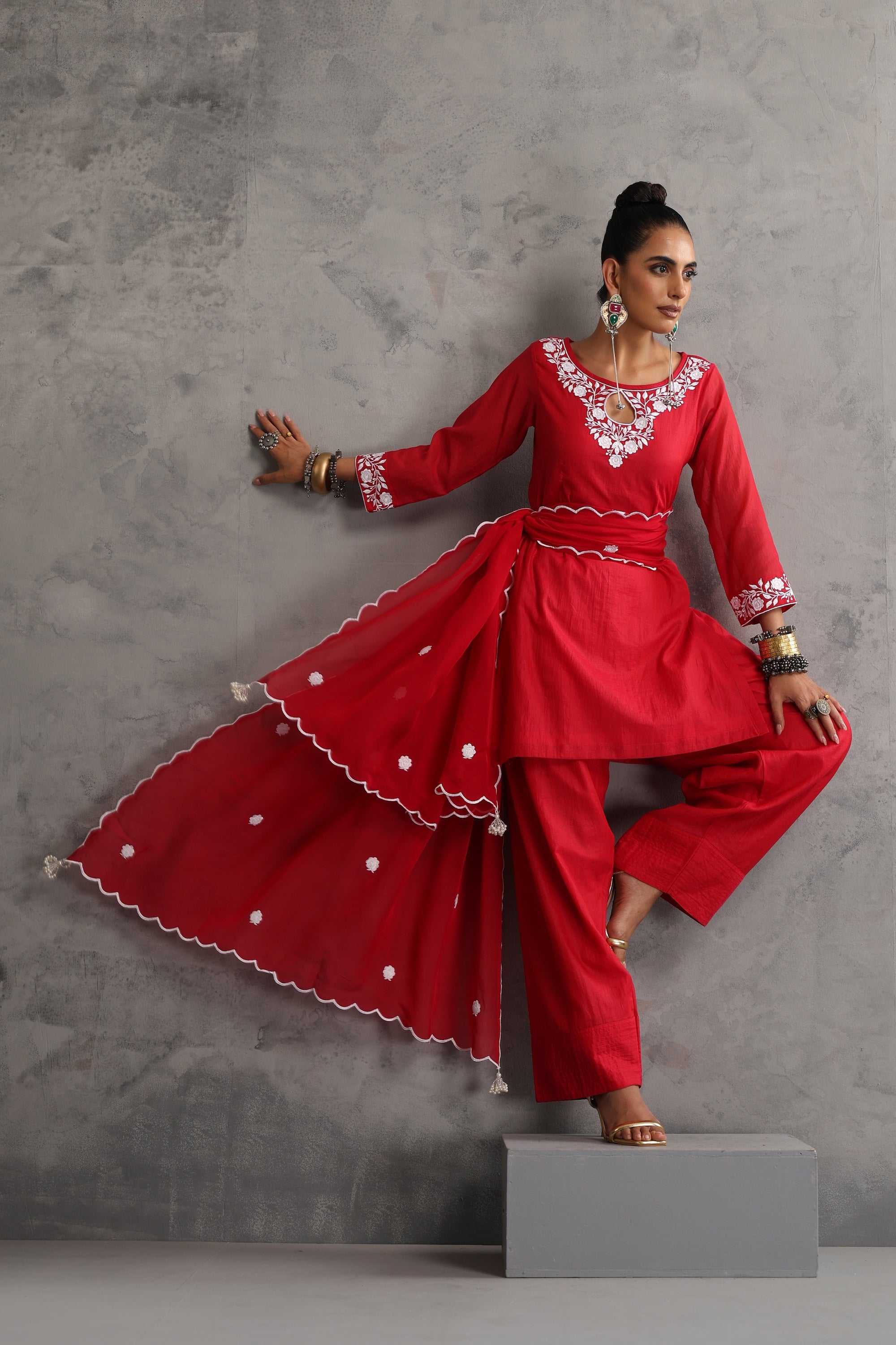 Misri Red Embroidered Kurta Set with Dupatta