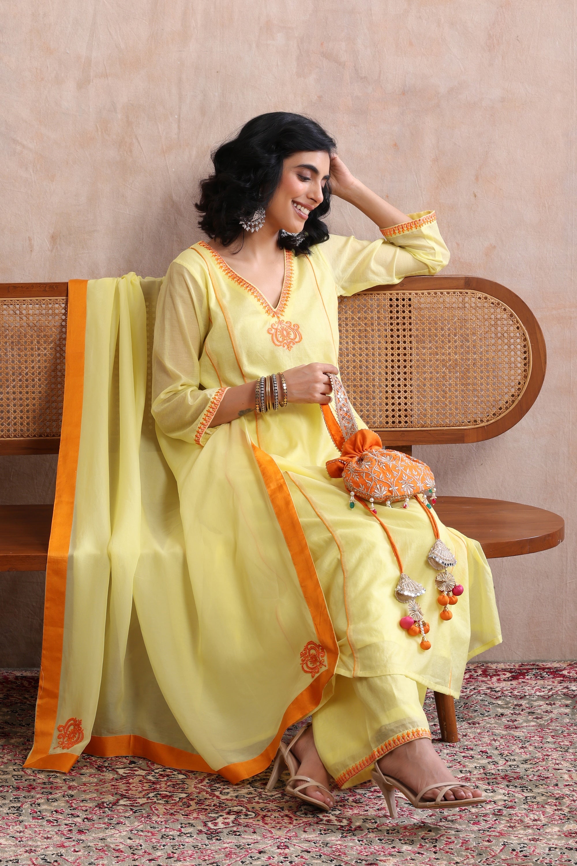 Dham Yellow Embroidered Kurta Set with Dupatta
