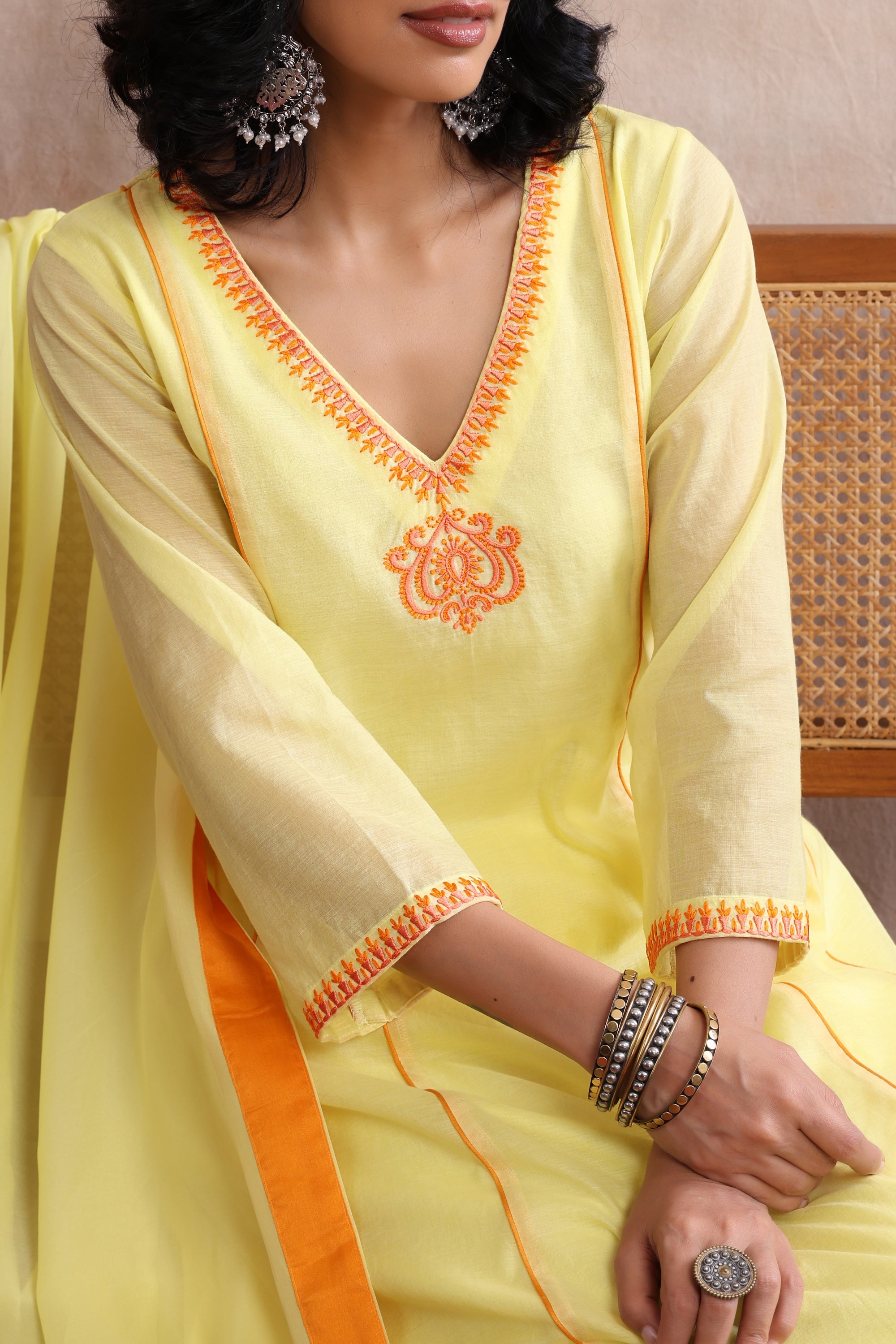 Dham Yellow Embroidered Kurta Set with Dupatta