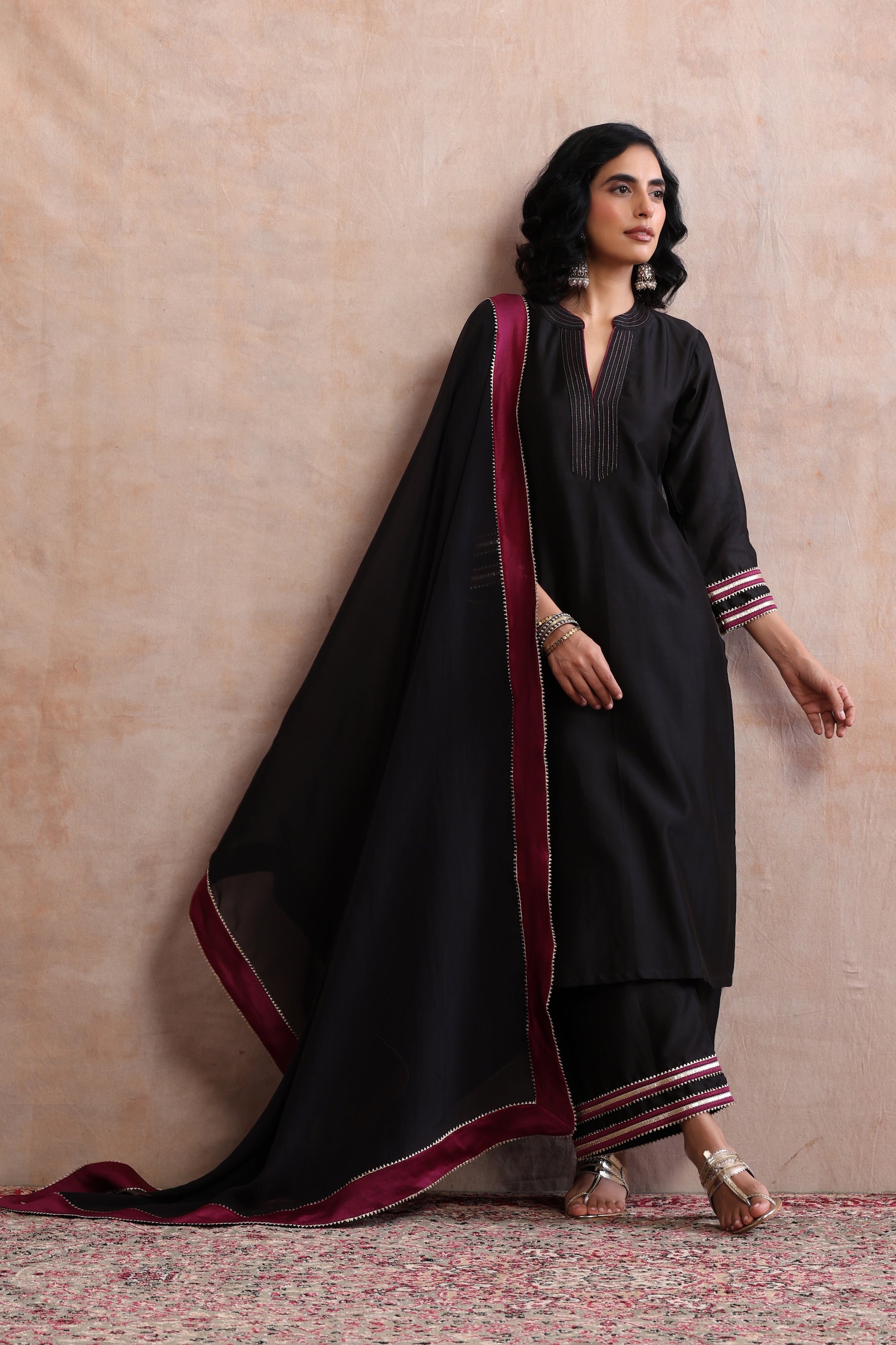 Aloka Black and Wine Kurta Set with Dupatta