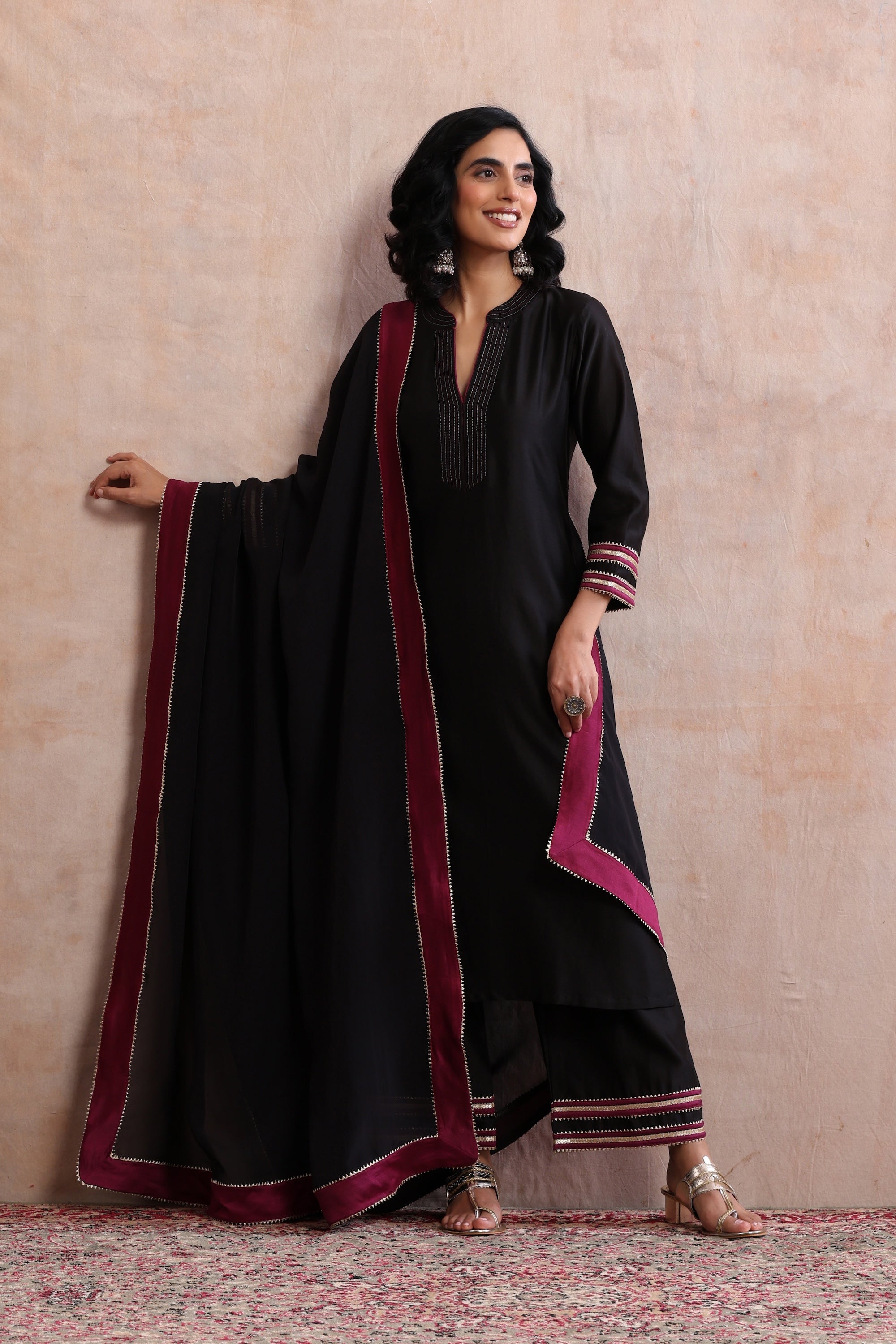 Aloka Black and Wine Kurta Set with Dupatta