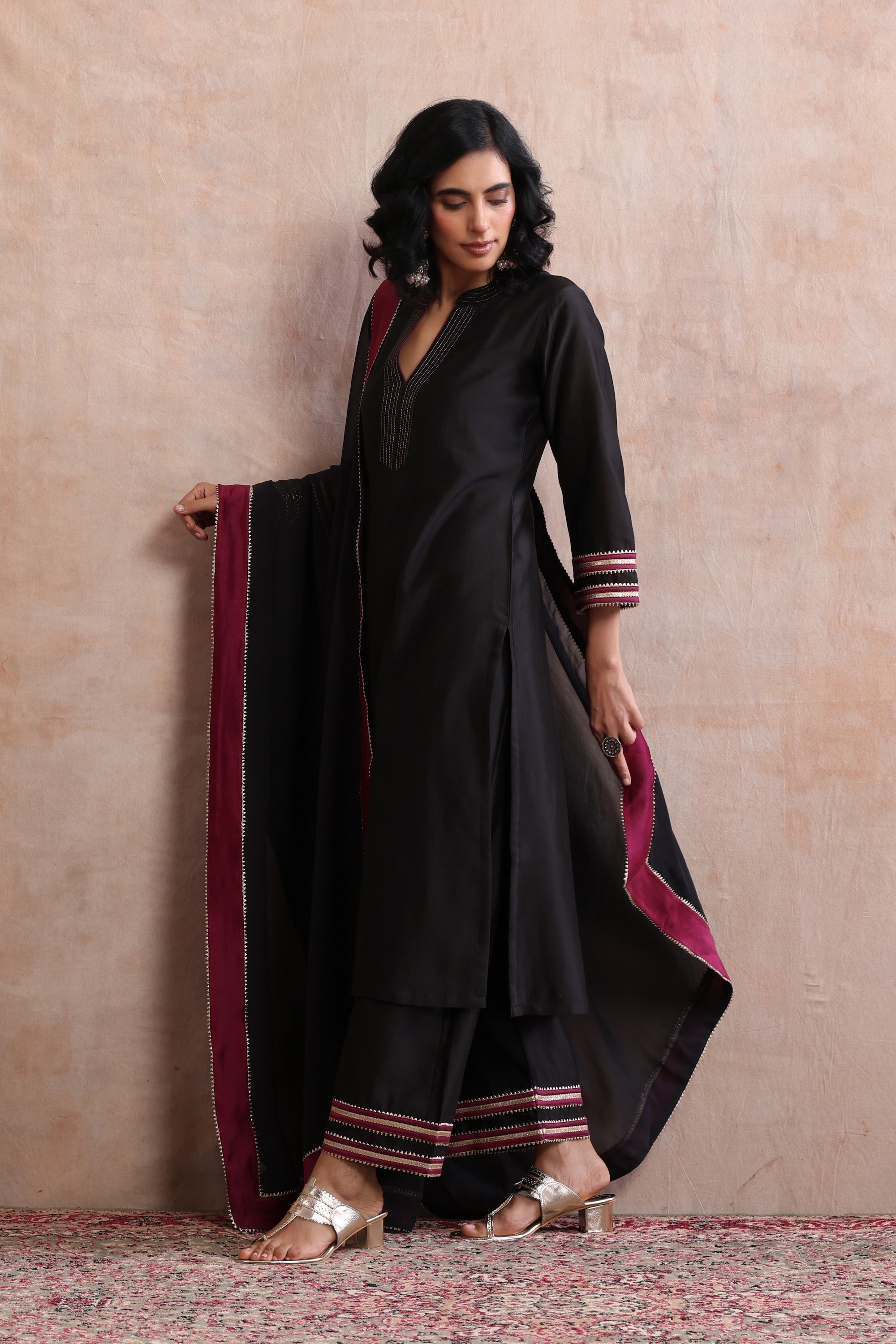 Aloka Black and Wine Kurta Set with Dupatta