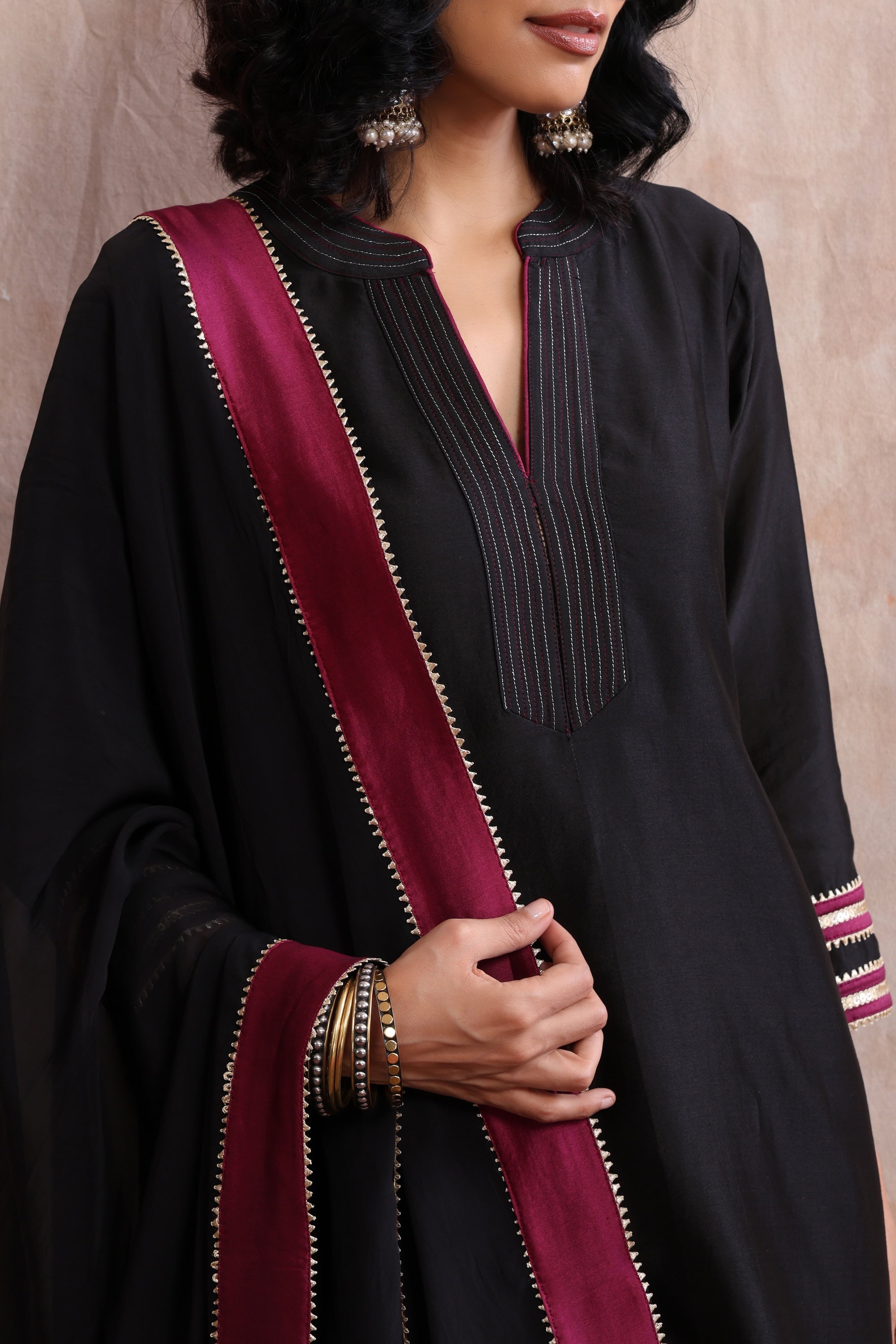 Aloka Black and Wine Kurta Set with Dupatta