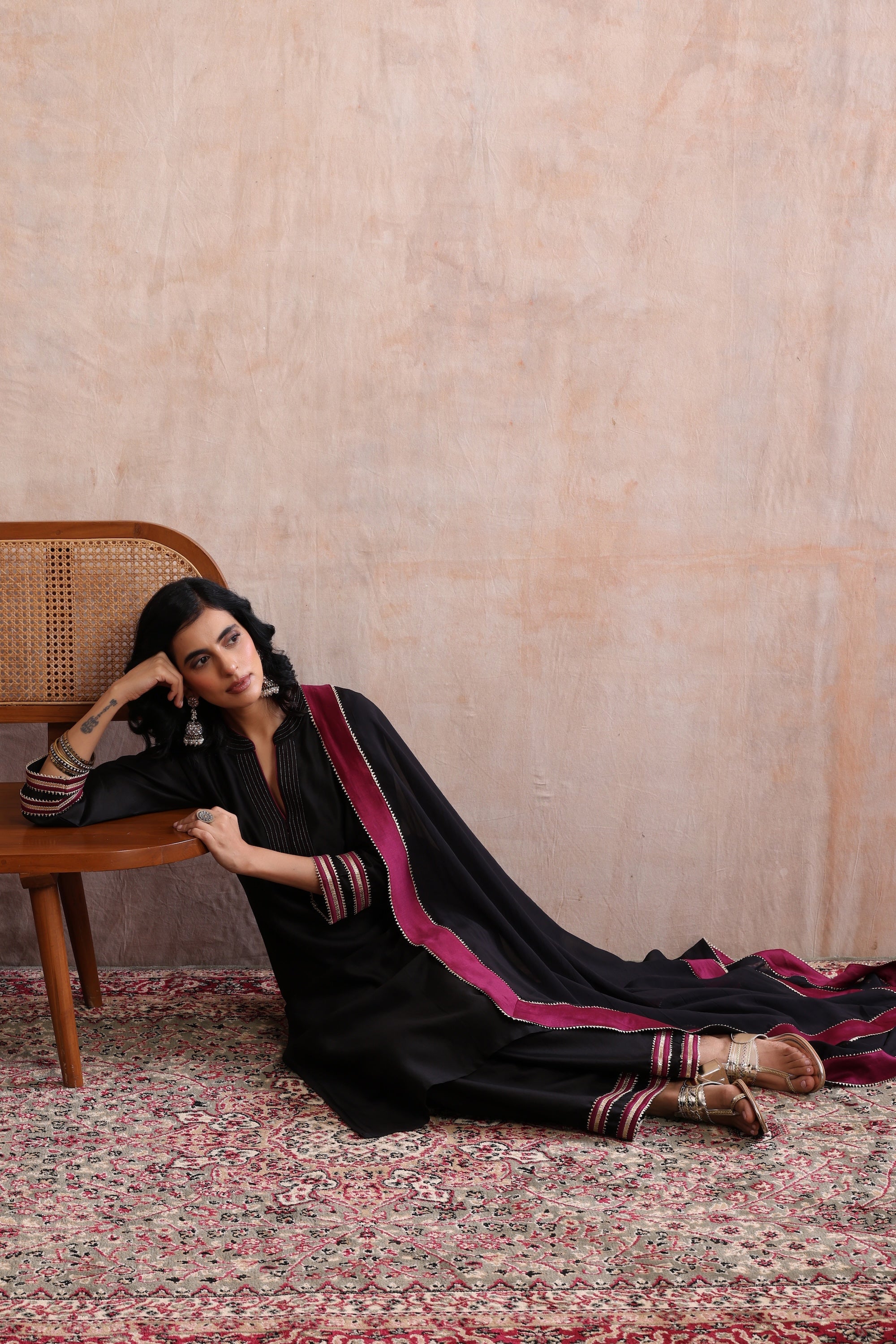 Aloka Black and Wine Kurta Set with Dupatta