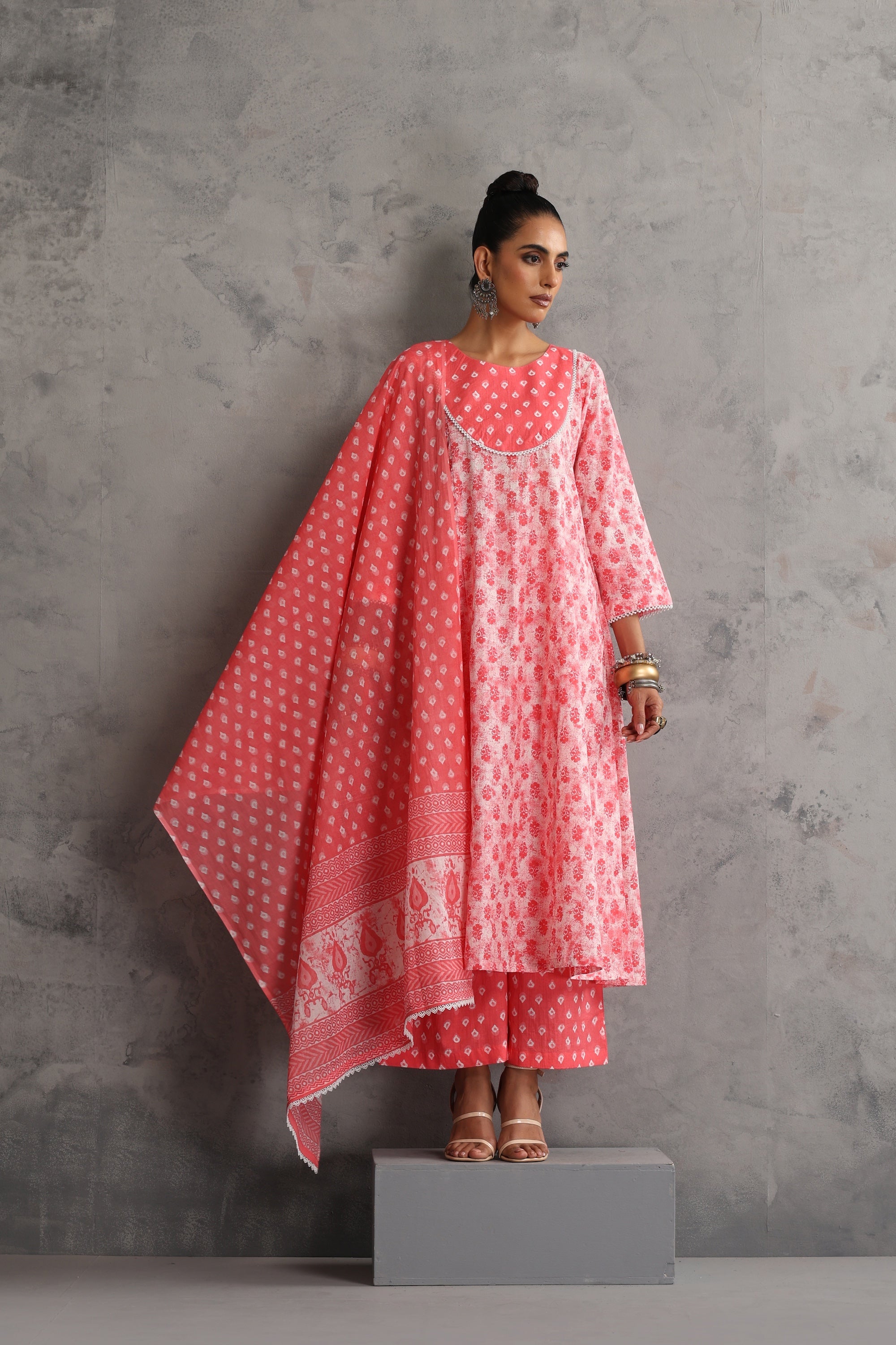 Soha Peach Bandhej Anarkali Set with Dupatta