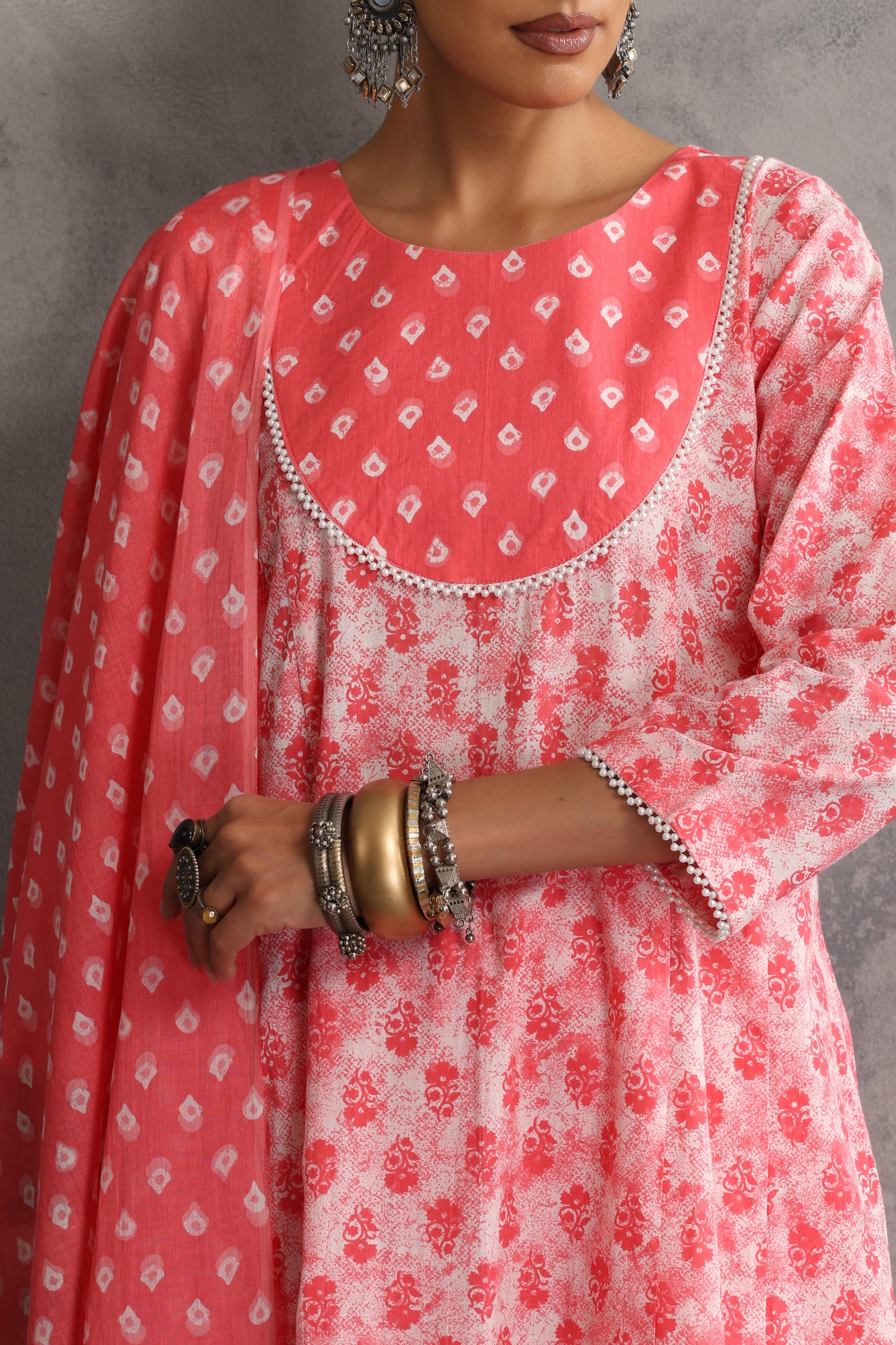 Soha Peach Bandhej Anarkali Set with Dupatta