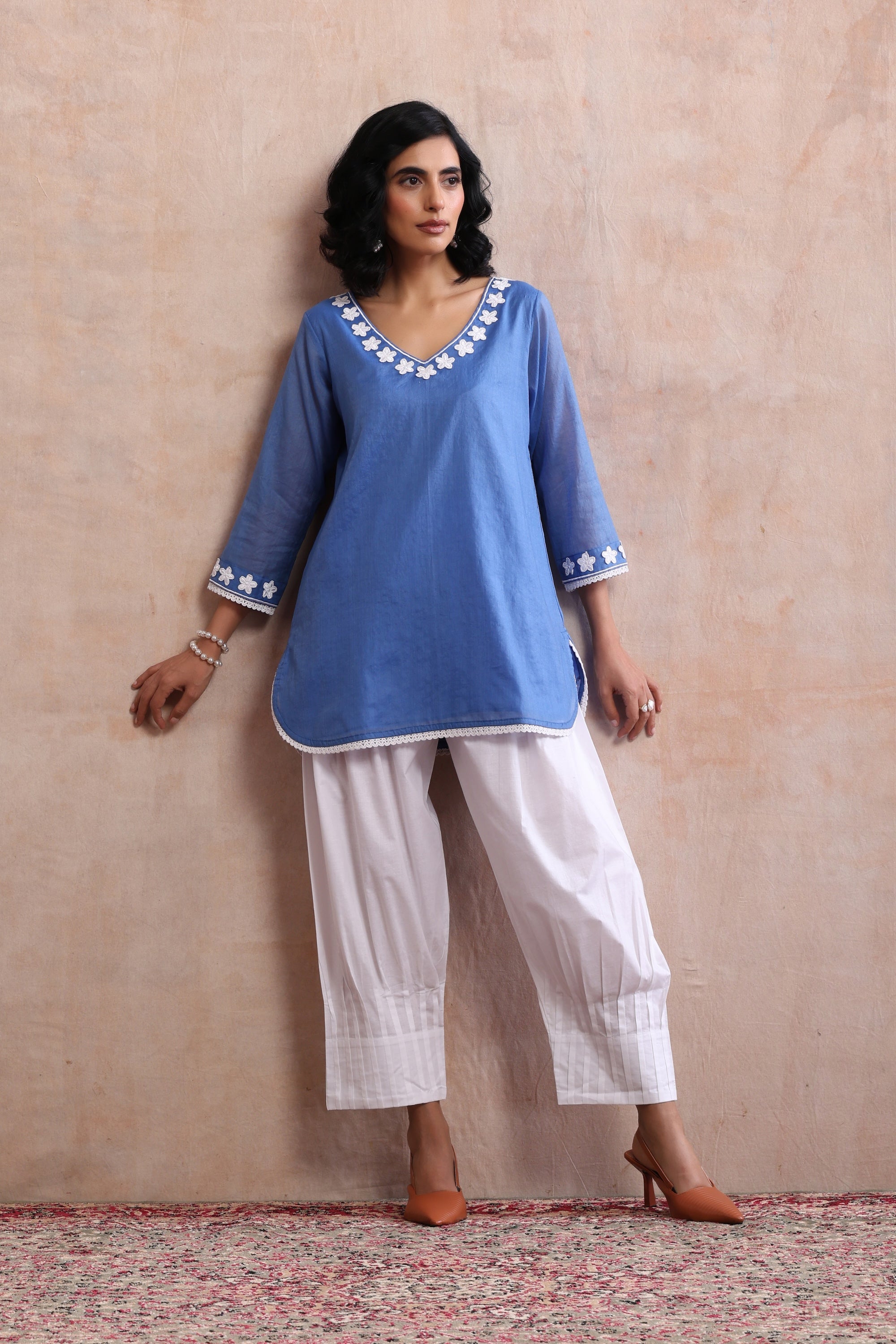 Azure Blue Embroidered Short Kurta Set