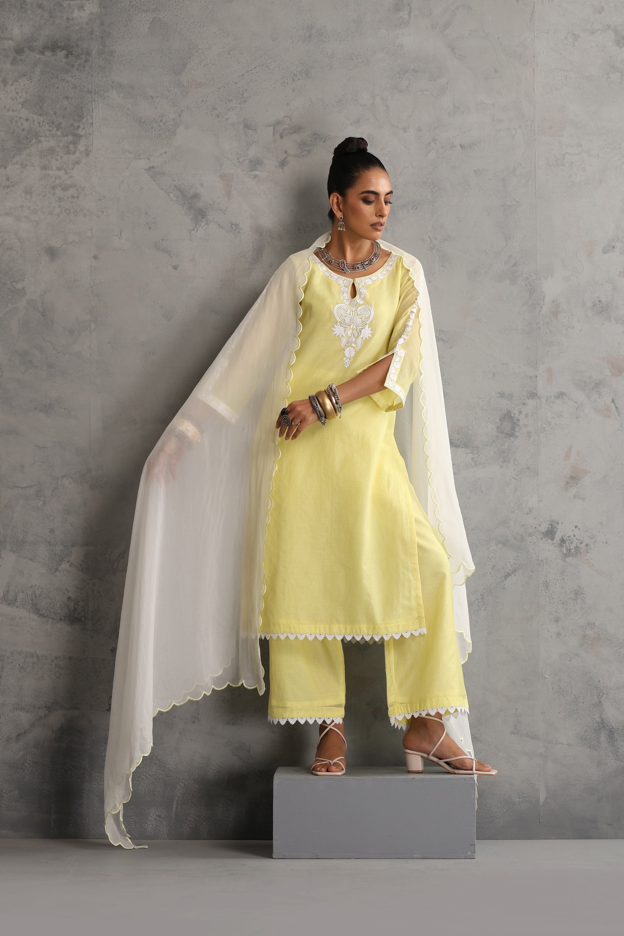 Avishri Pastel Yellow Embroidered Kurta Set with Dupatta