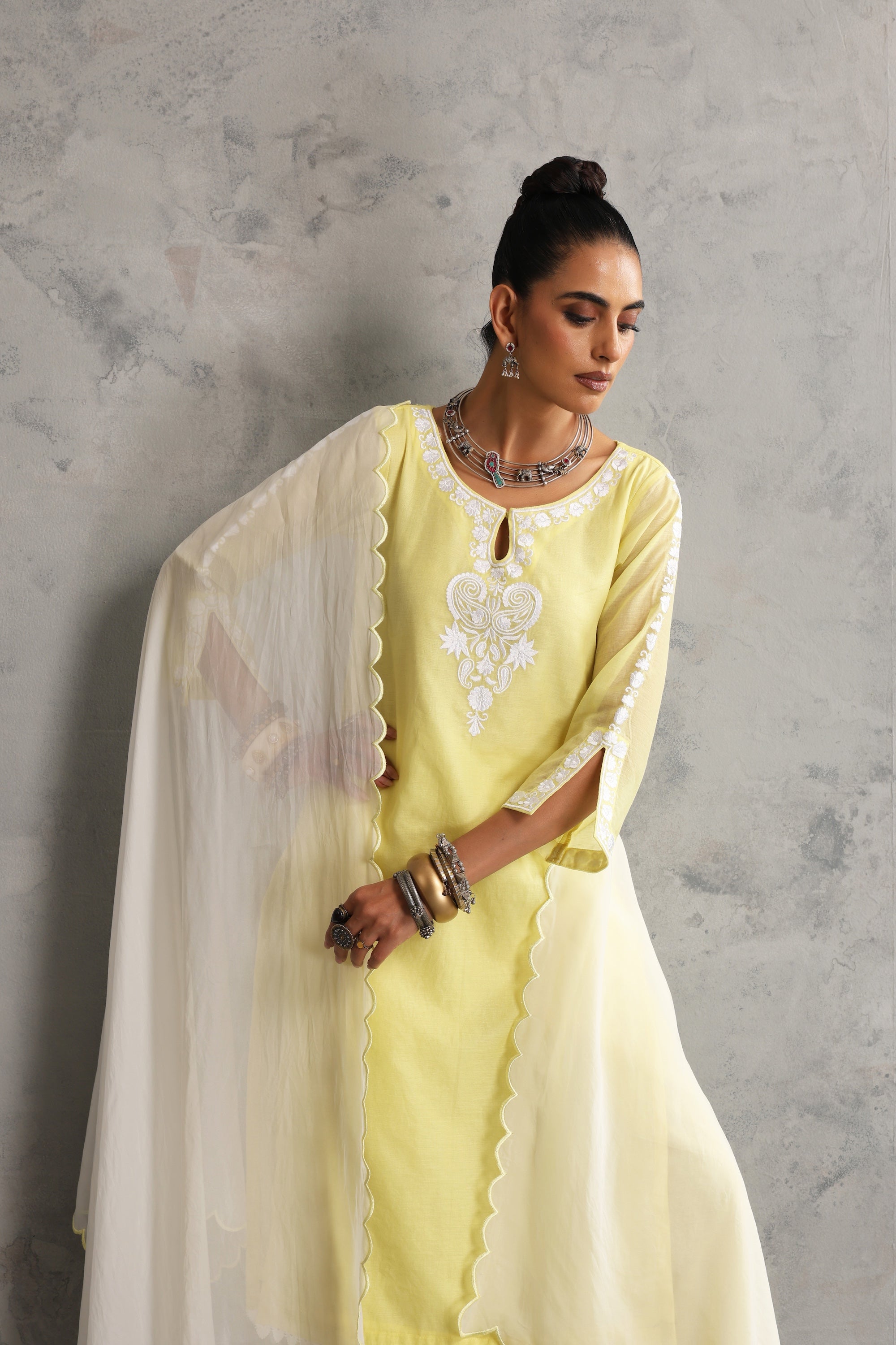 Avishri Pastel Yellow Embroidered Kurta Set with Dupatta