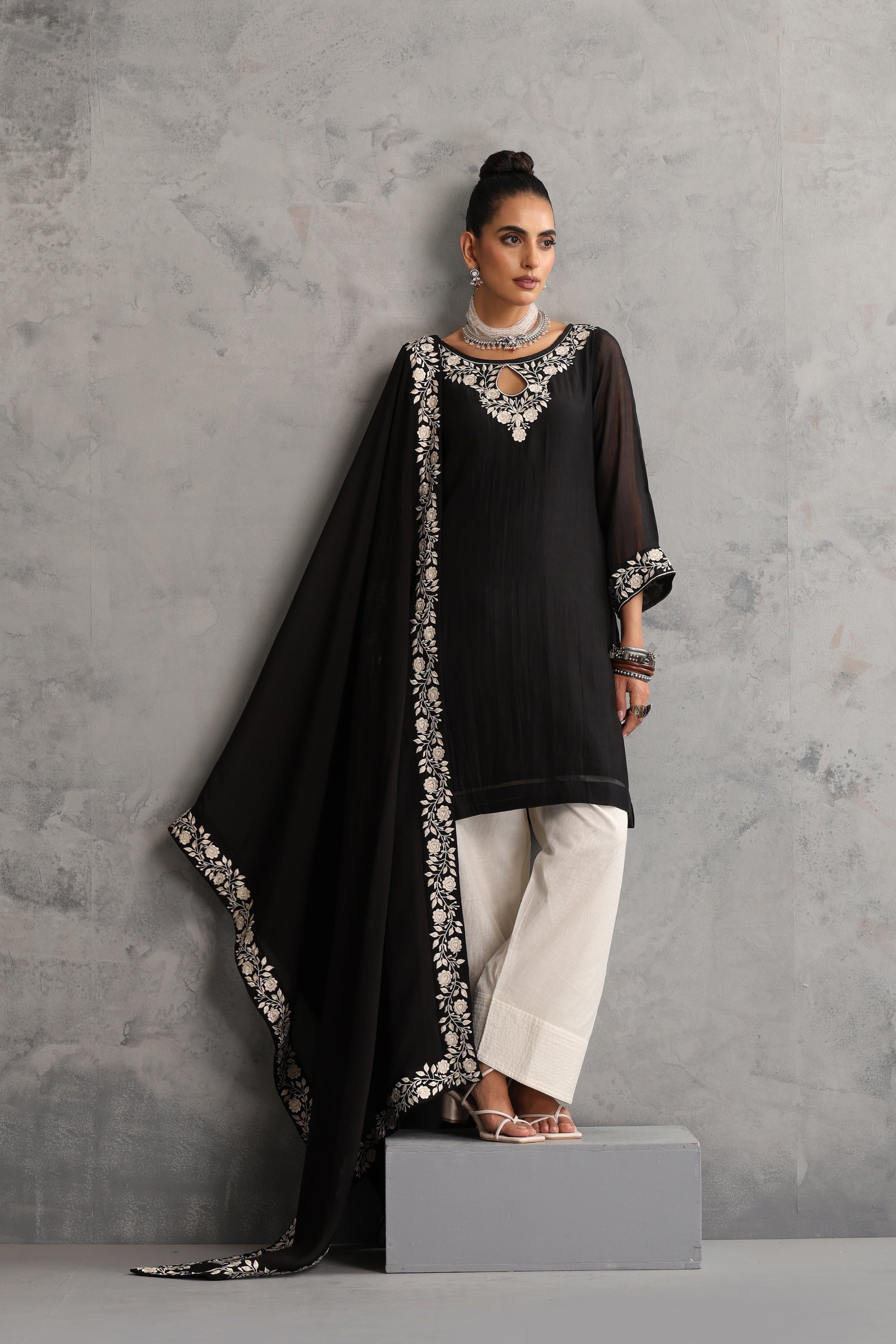 Eshayra Black Embroidered Kurta Set with Dupatta