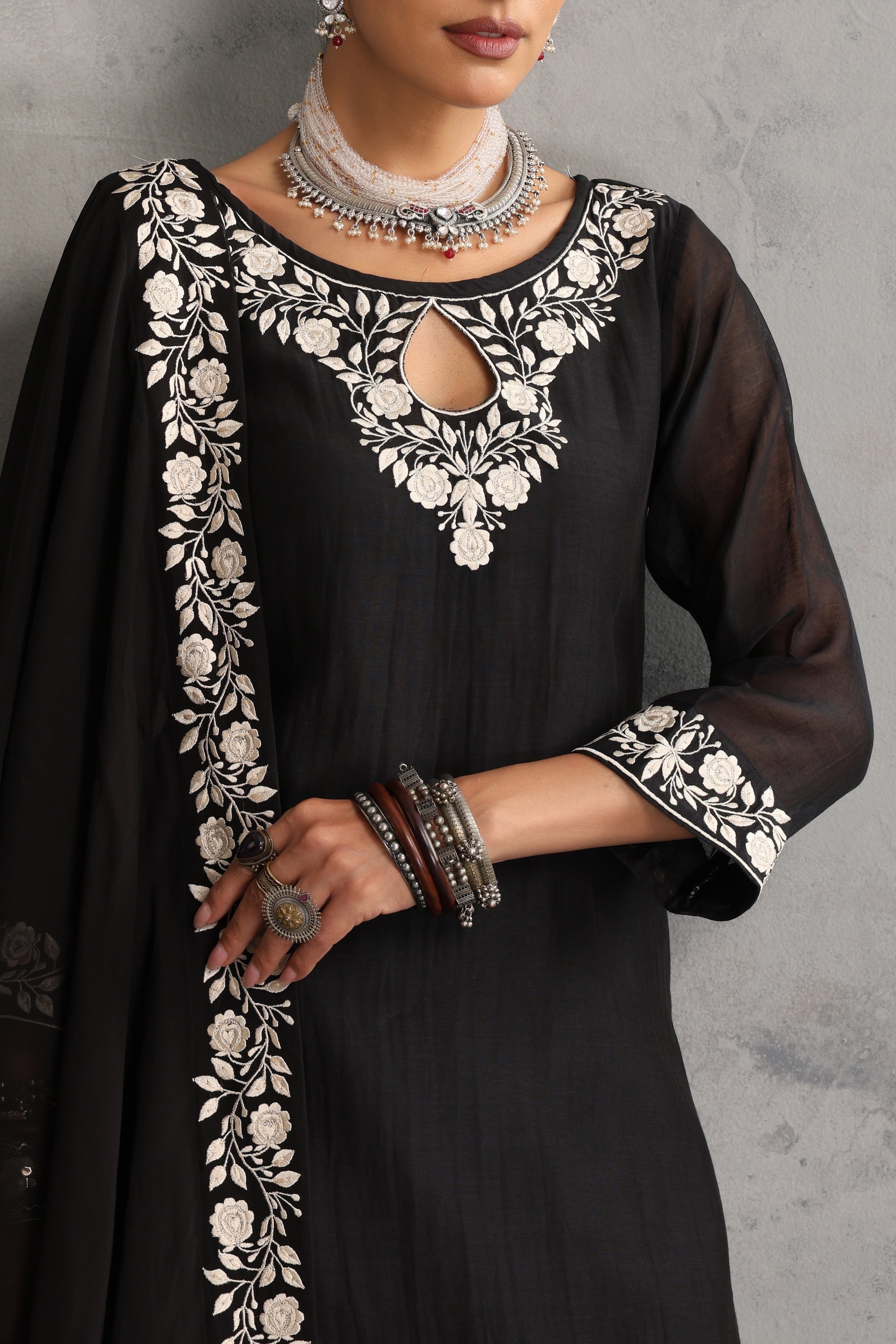 Eshayra Black Embroidered Kurta Set with Dupatta