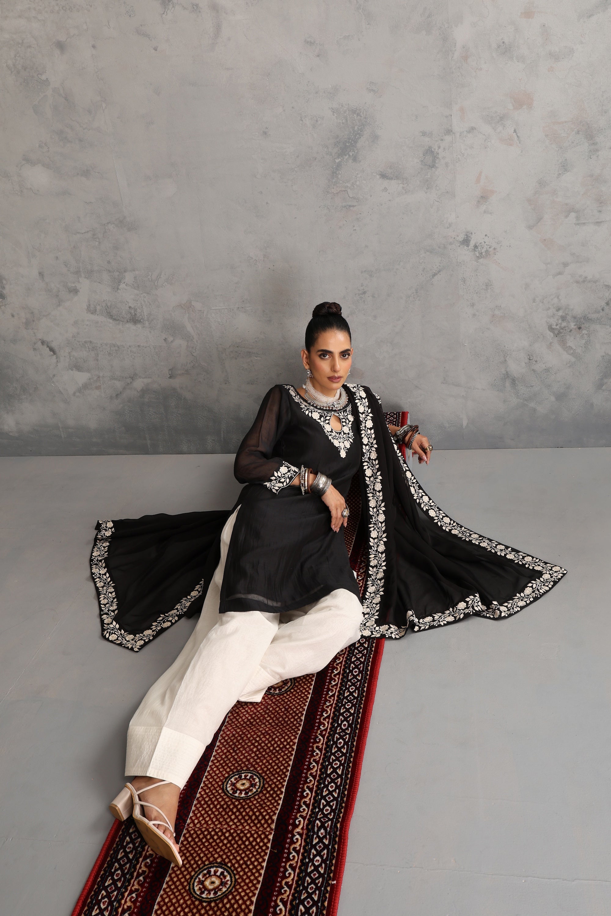 Eshayra Black Embroidered Kurta Set with Dupatta