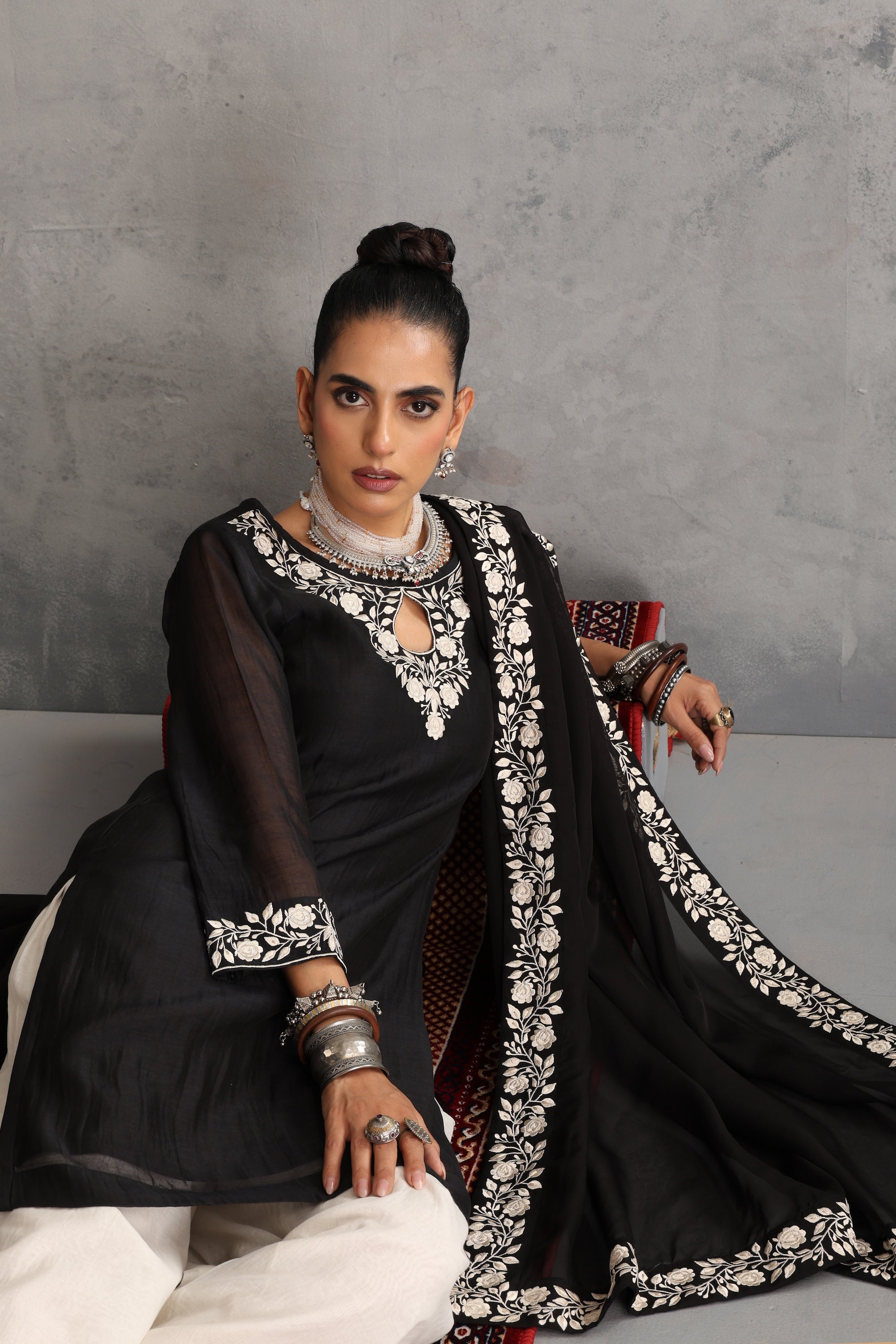 Eshayra Black Embroidered Kurta Set with Dupatta