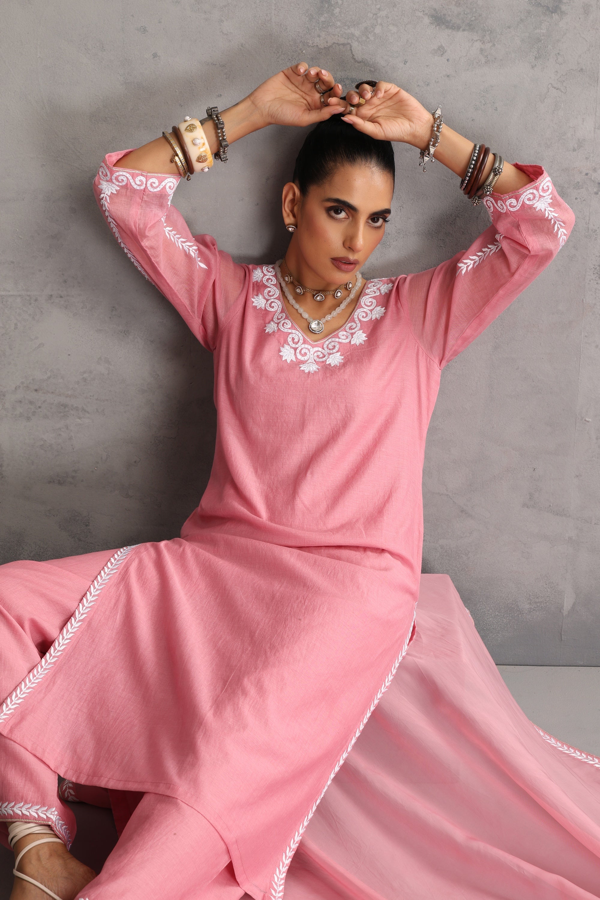 Pankhuri Rose Pink Embroidered Kurta Set with Dupatta