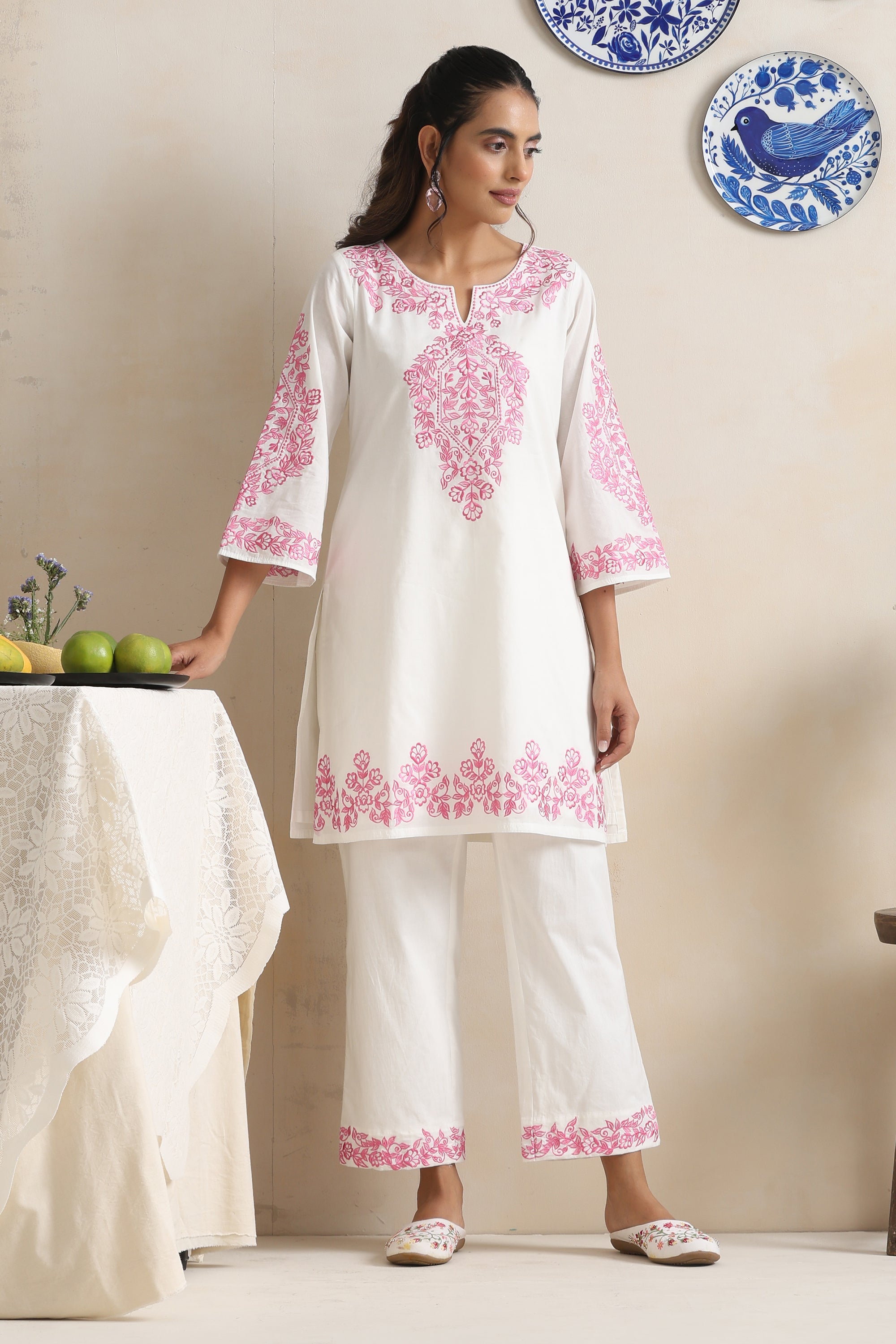 Gabrielle White & Pink Embroidered Kurta Set