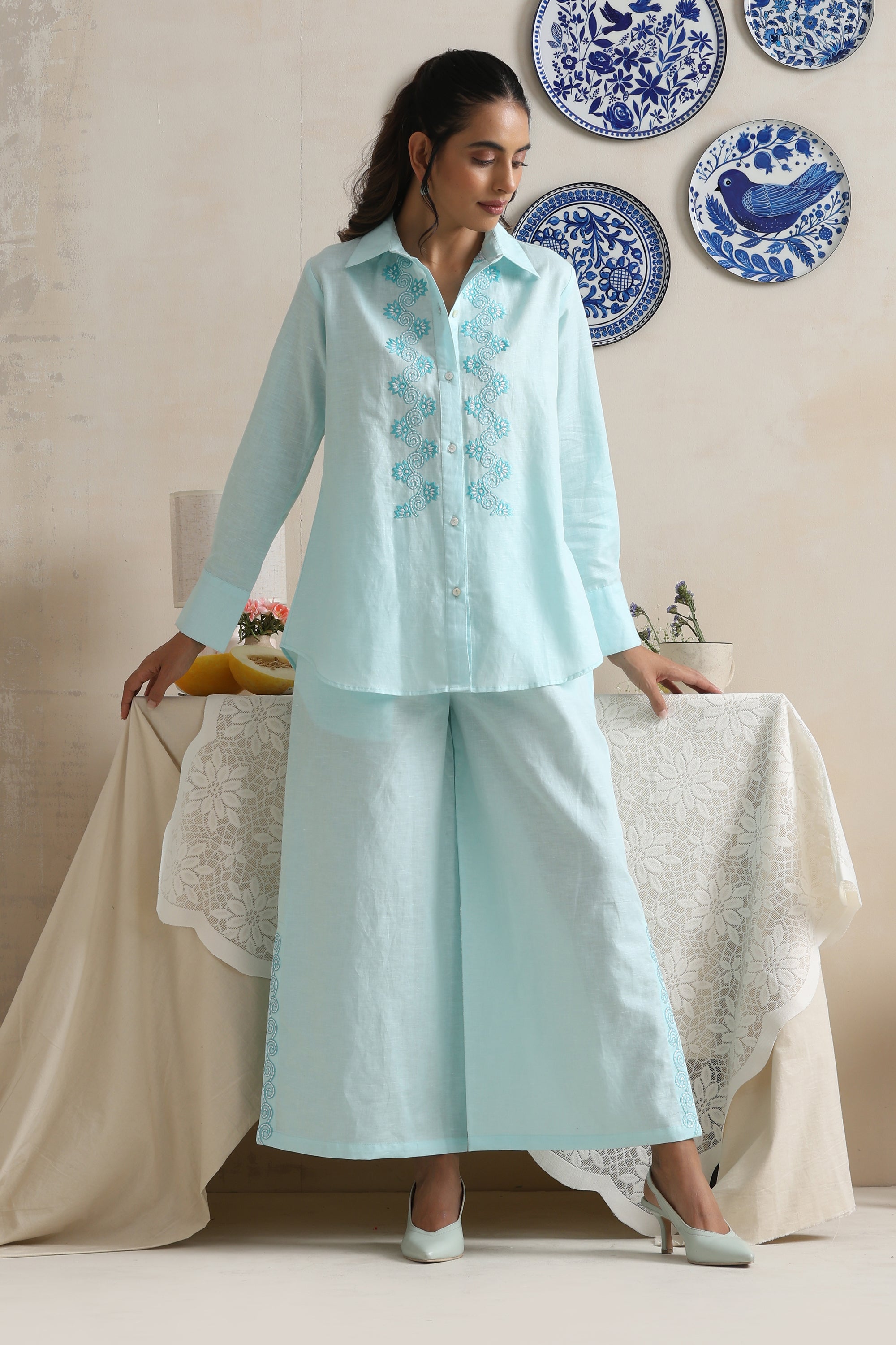 Ivory Blue Embroidered Co-ord Set