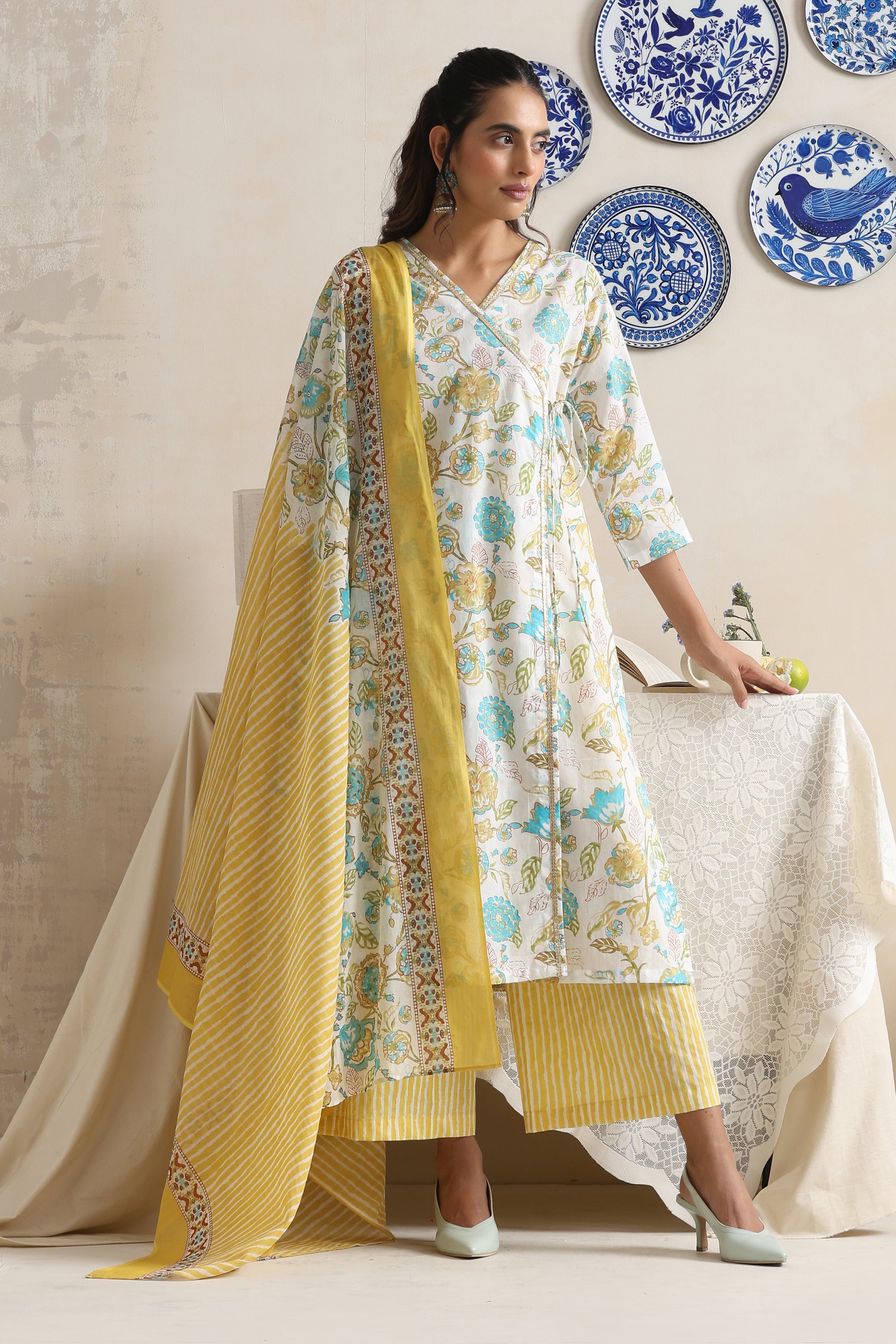 Arden White Floral Angrakha Kurta Set with Dupatta