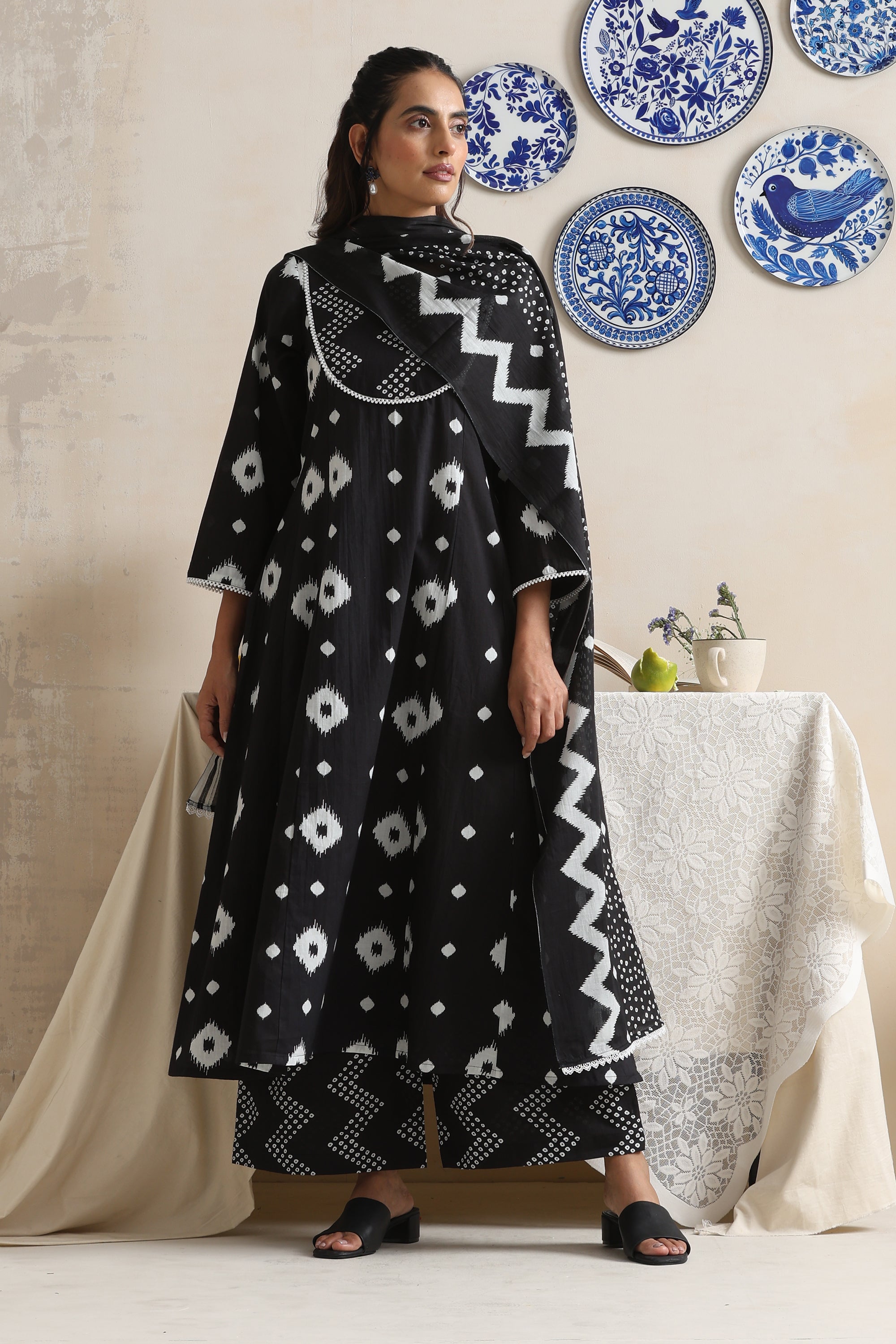 Thea Black Bandhej Anarkali Set with Dupatta