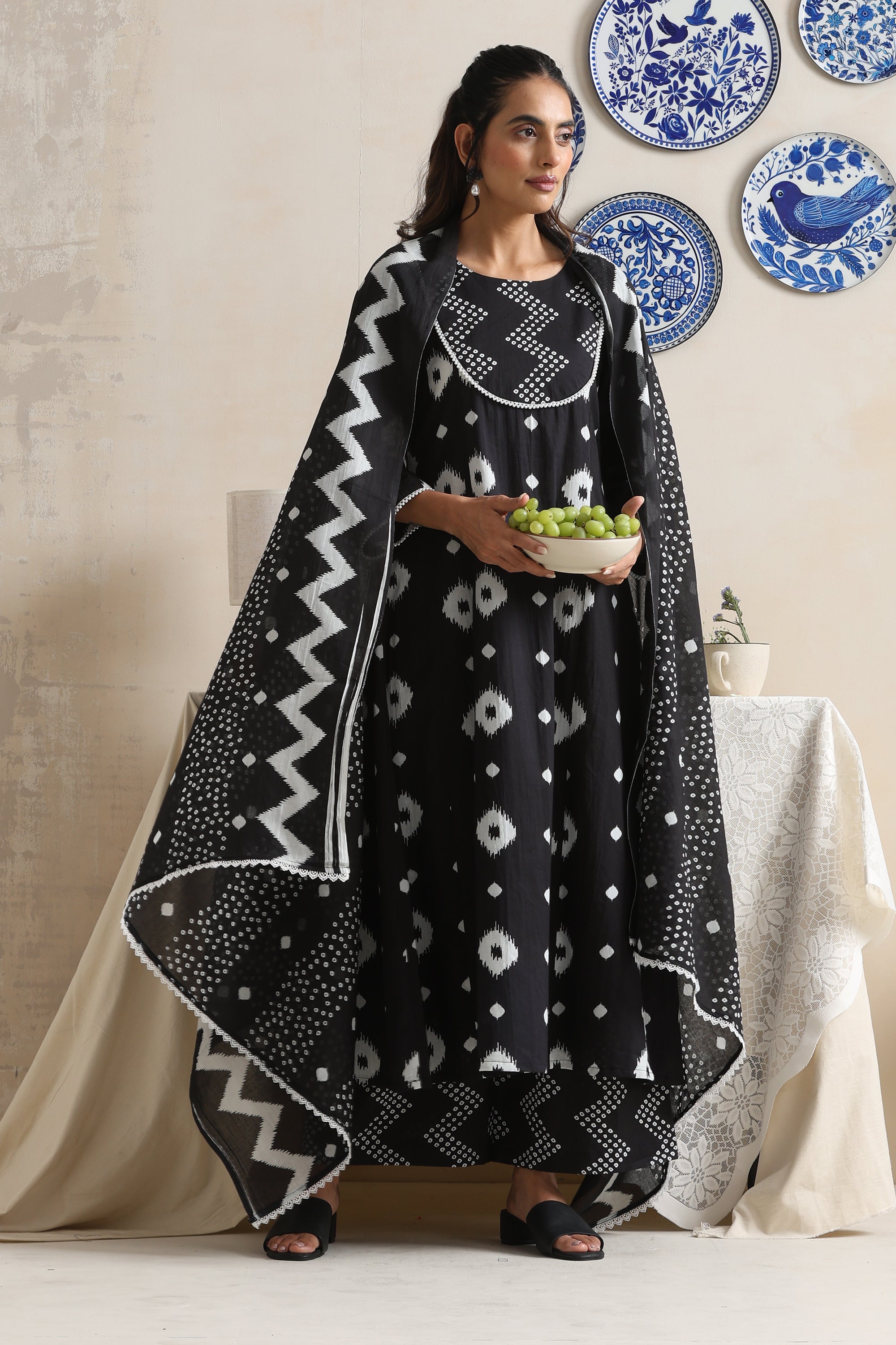 Thea Black Bandhej Anarkali Set with Dupatta