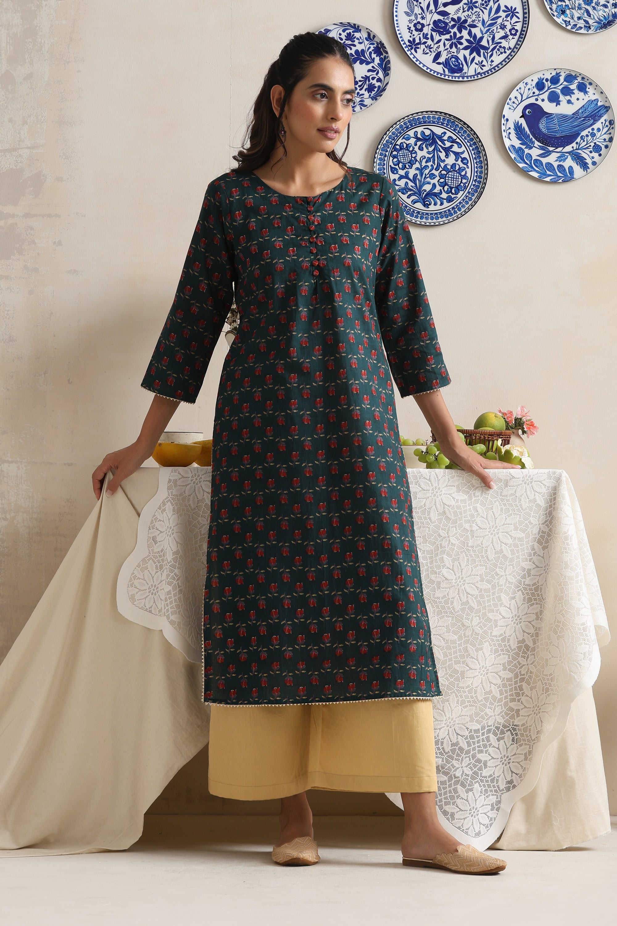Ivy Green Floral Handblock Kurta Set
