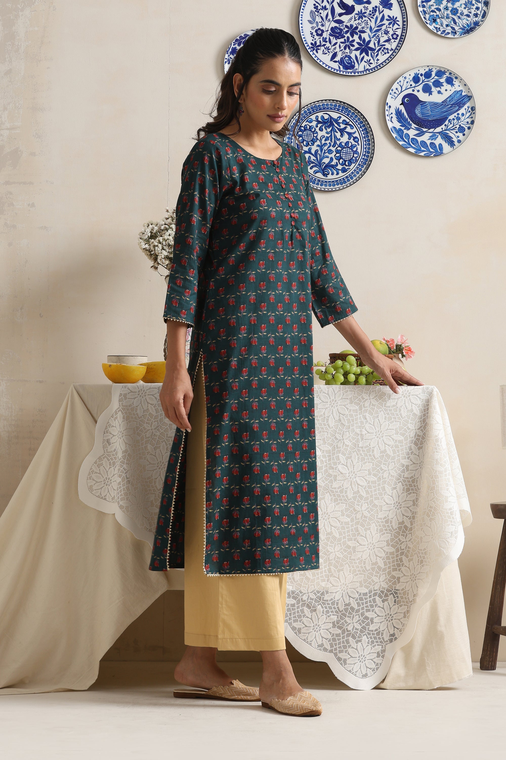 Ivy Green Floral Handblock Kurta Set