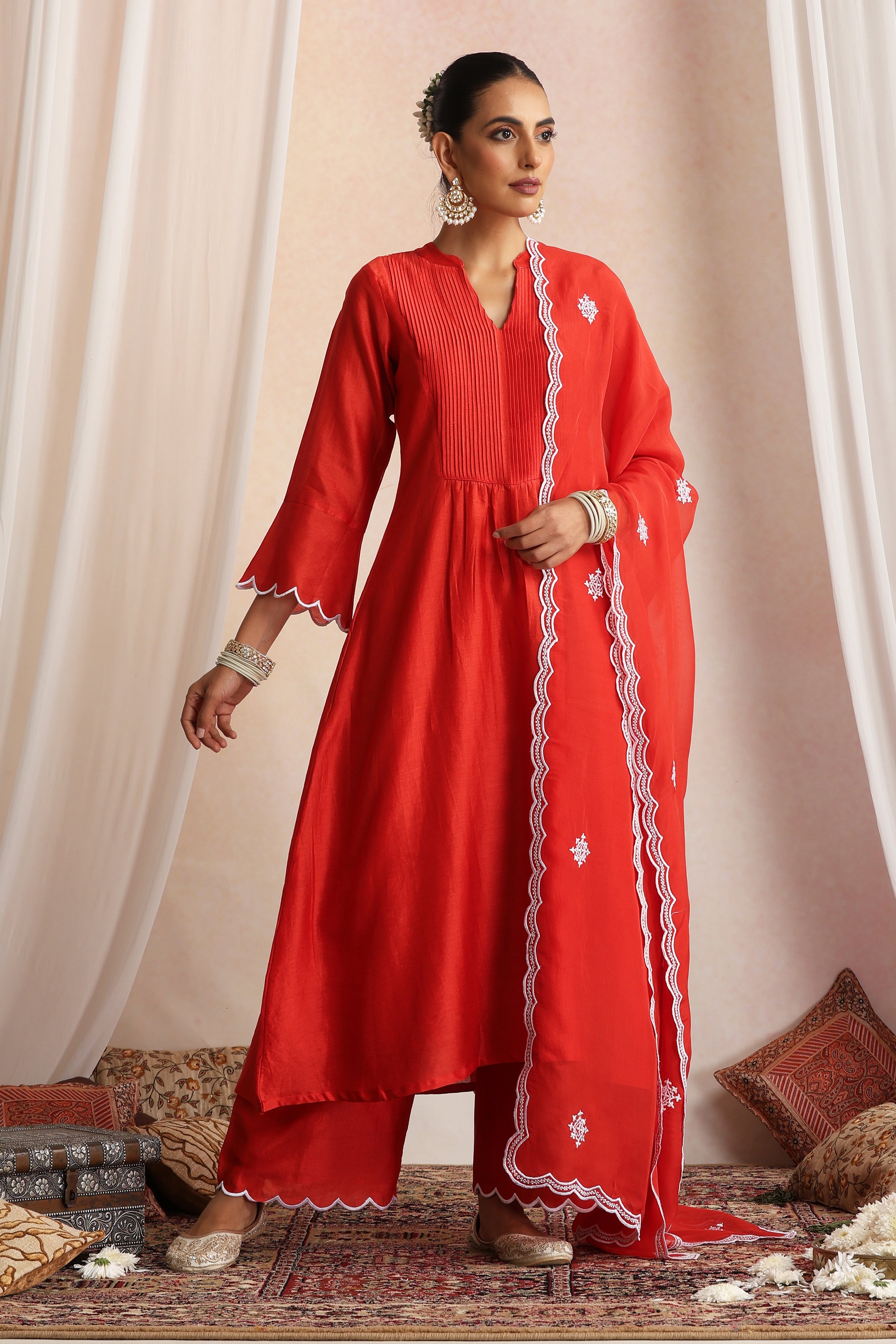 Ashwatha Red Embroidered Pintex Kurta Set with Dupatta
