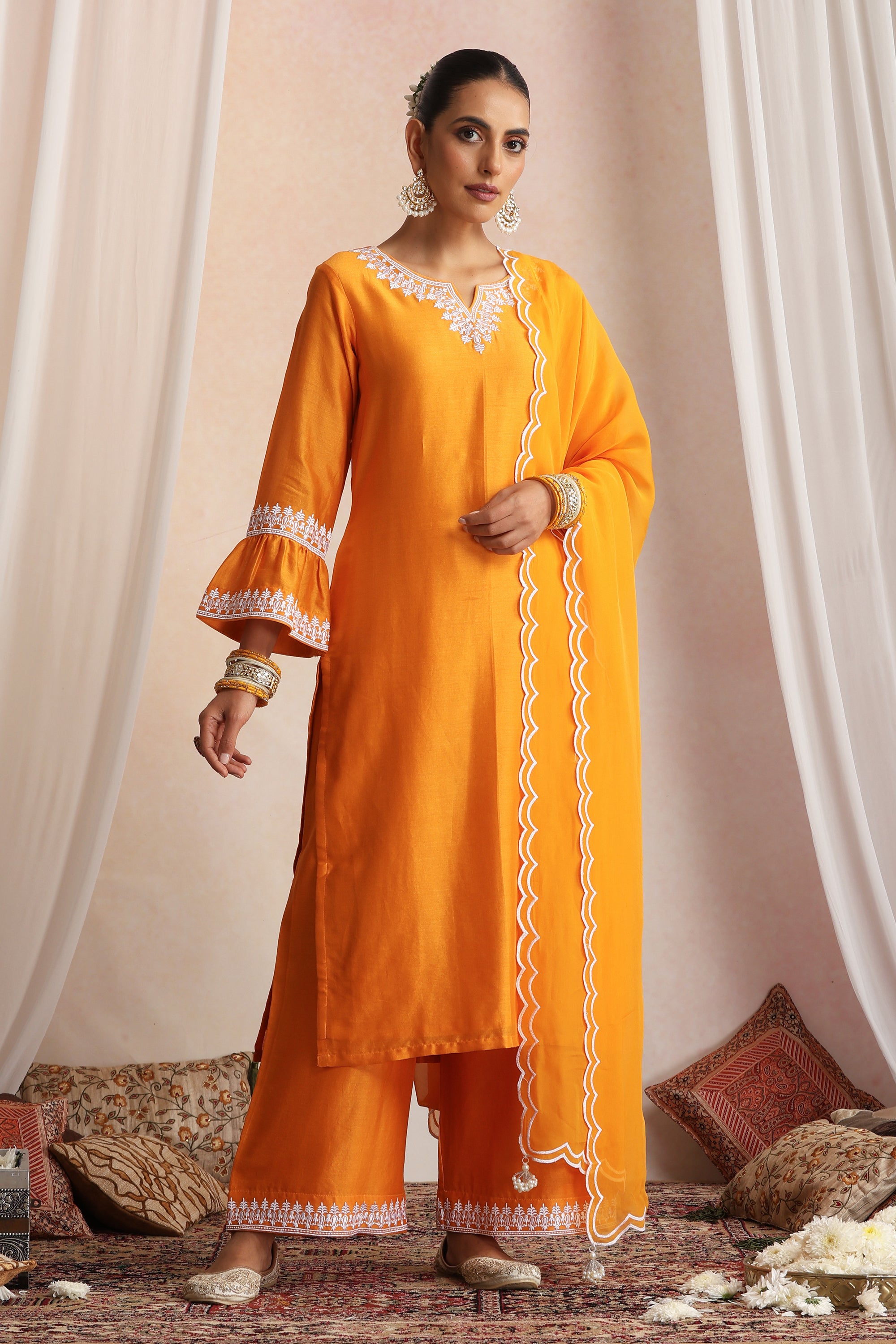Somia Orange Embroidered Kurta Set with Dupatta