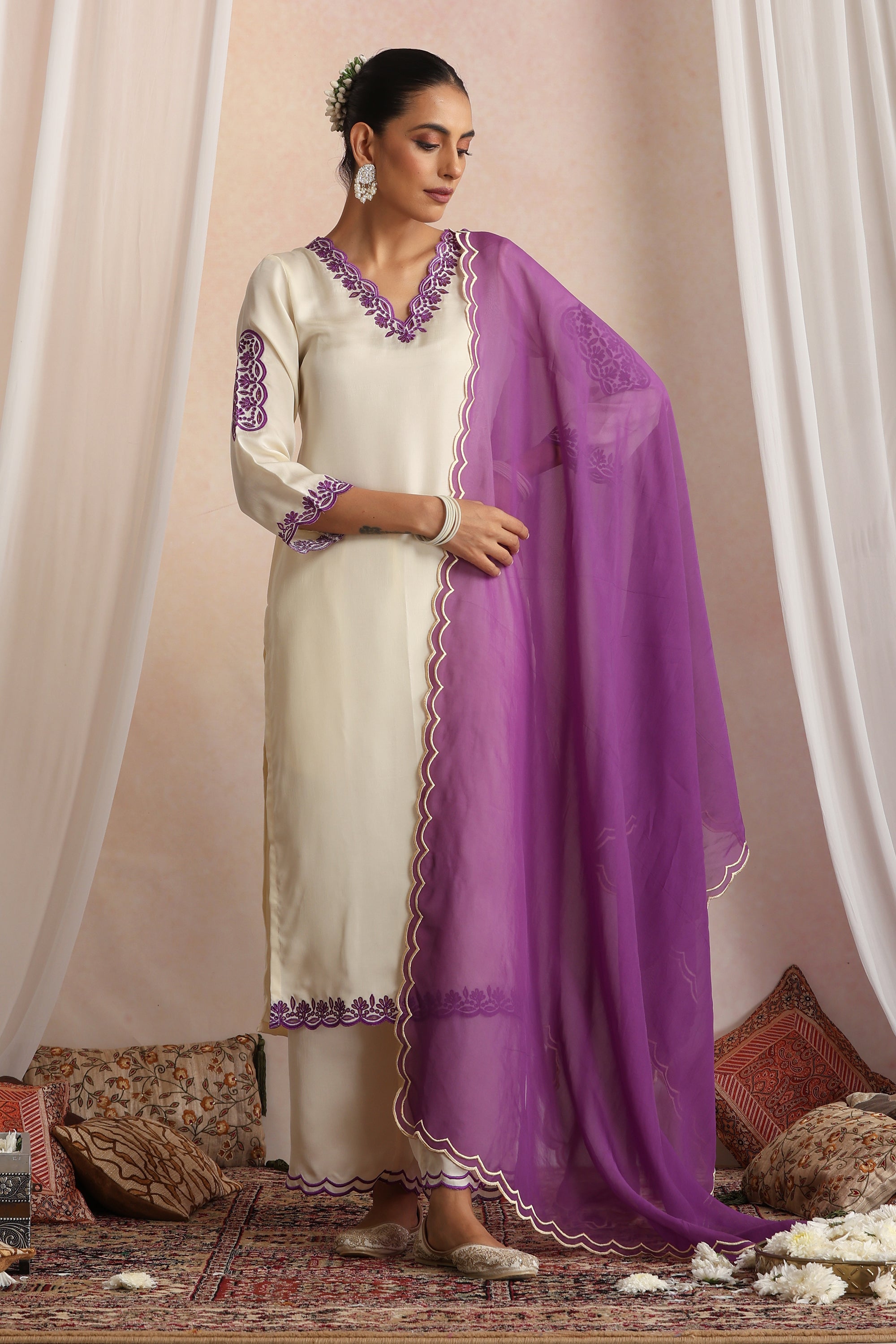 Roshini Cream Embroidered Kurta Set with Dupatta