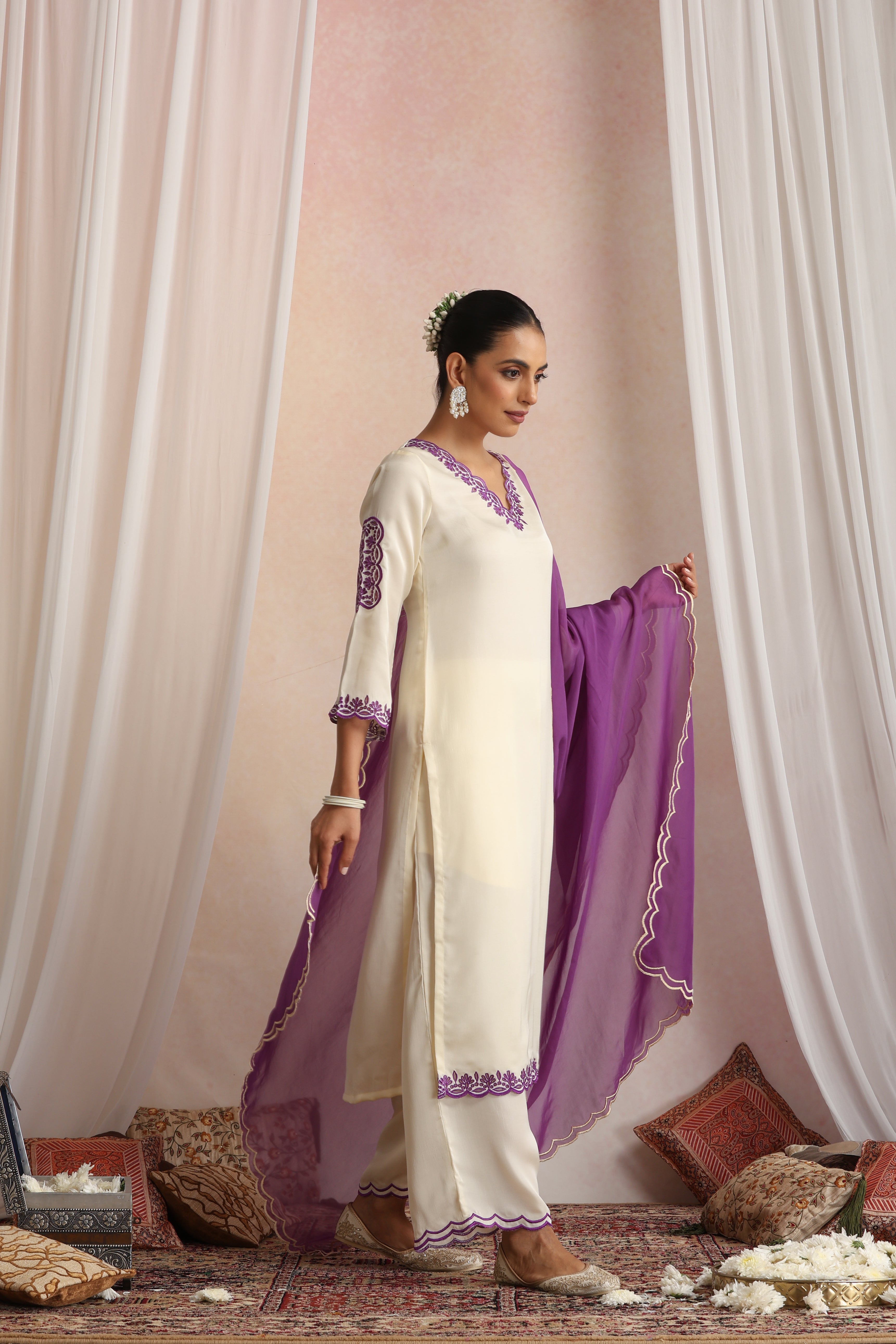 Roshini Cream Embroidered Kurta Set with Dupatta
