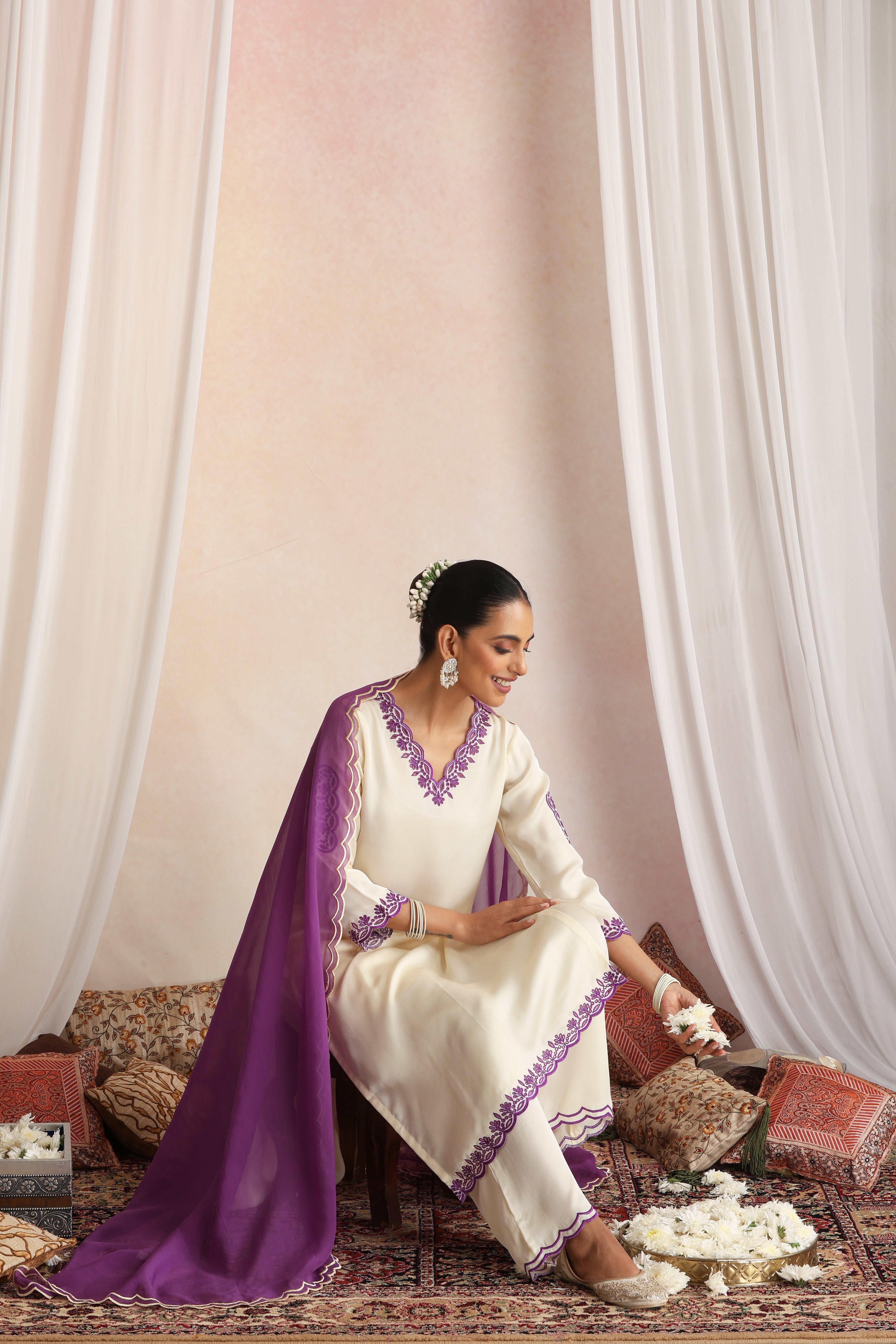 Roshini Cream Embroidered Kurta Set with Dupatta