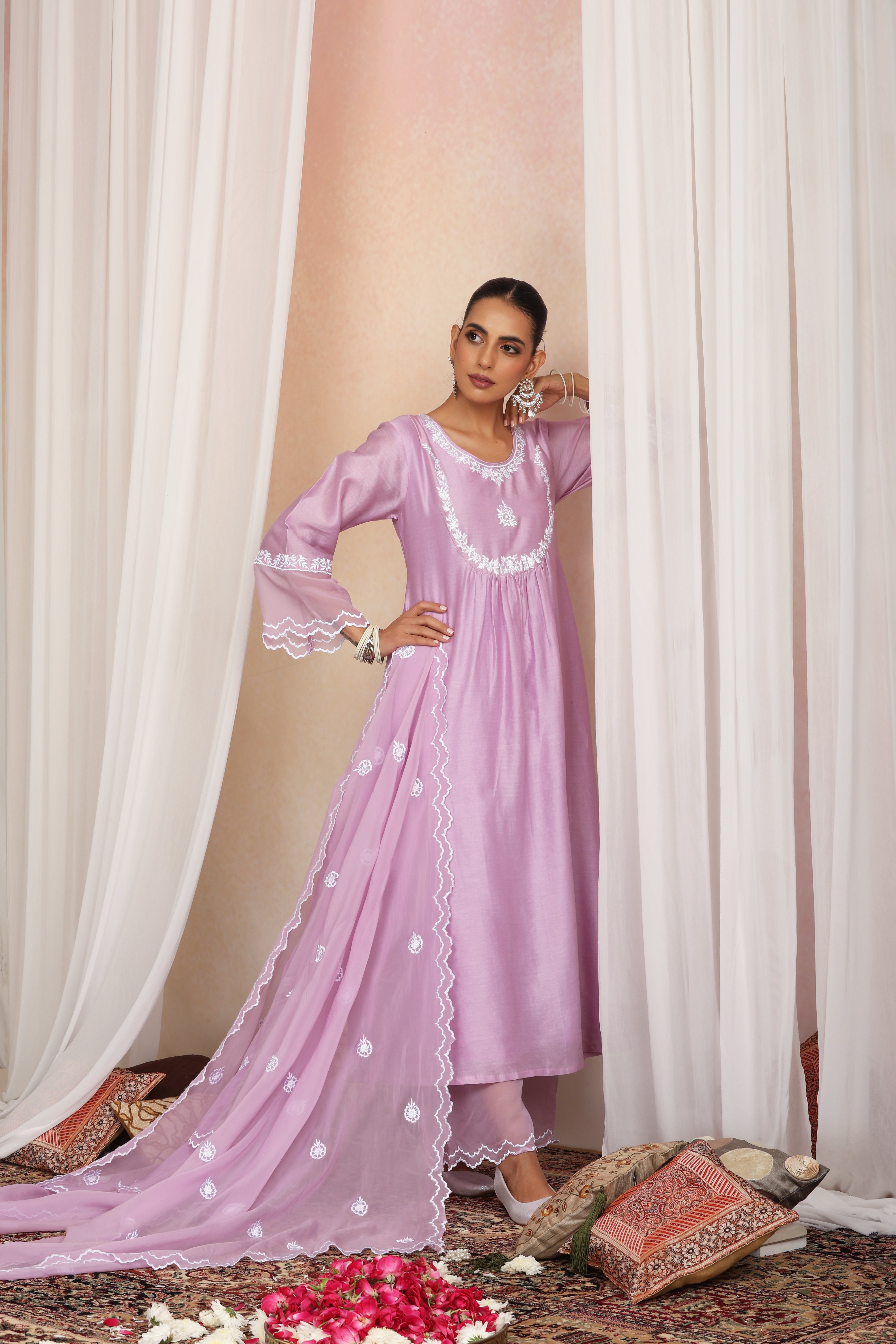 Devika Lavender Embroidered Kurta Set with Dupatta