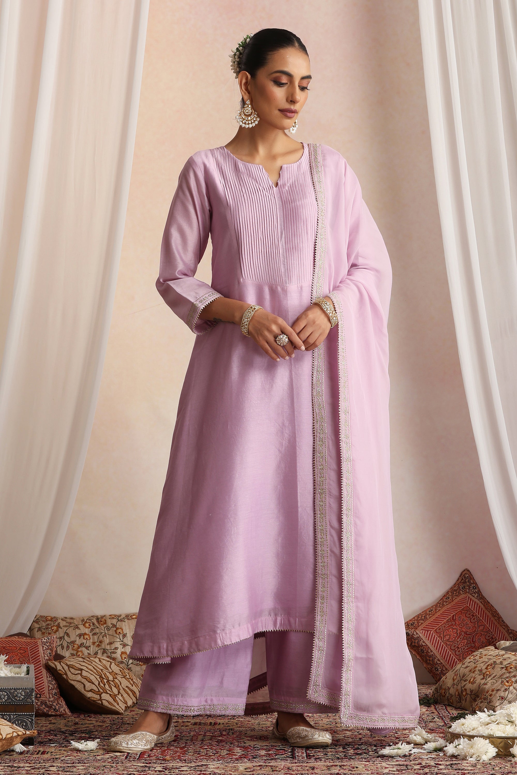 Nimiti Lavender Embroidered Pintex Kurta Set with Dupatta